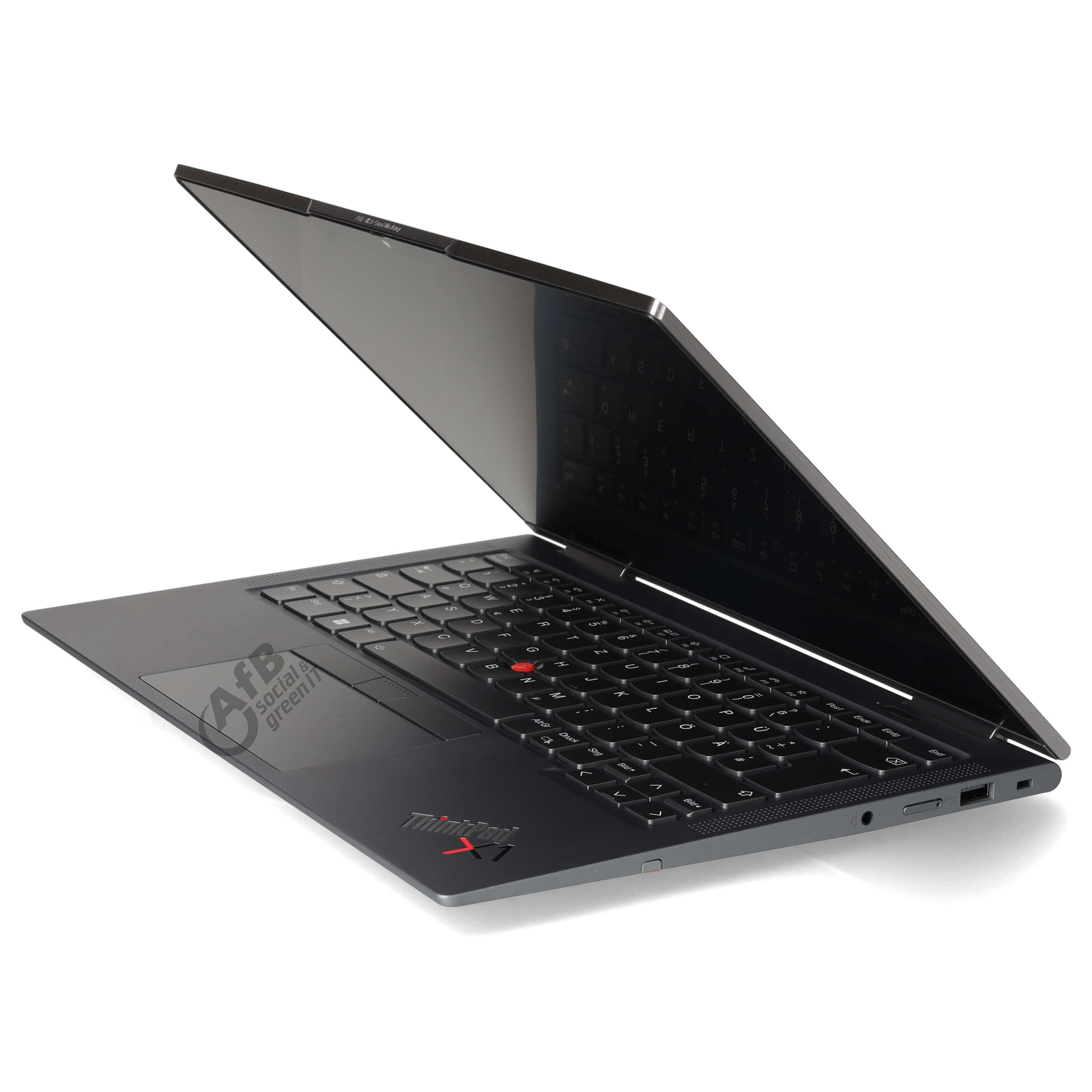 Ein offener schwarzer ThinkPad X1 Laptop auf weißem Hintergrund, seitlich betrachtet.