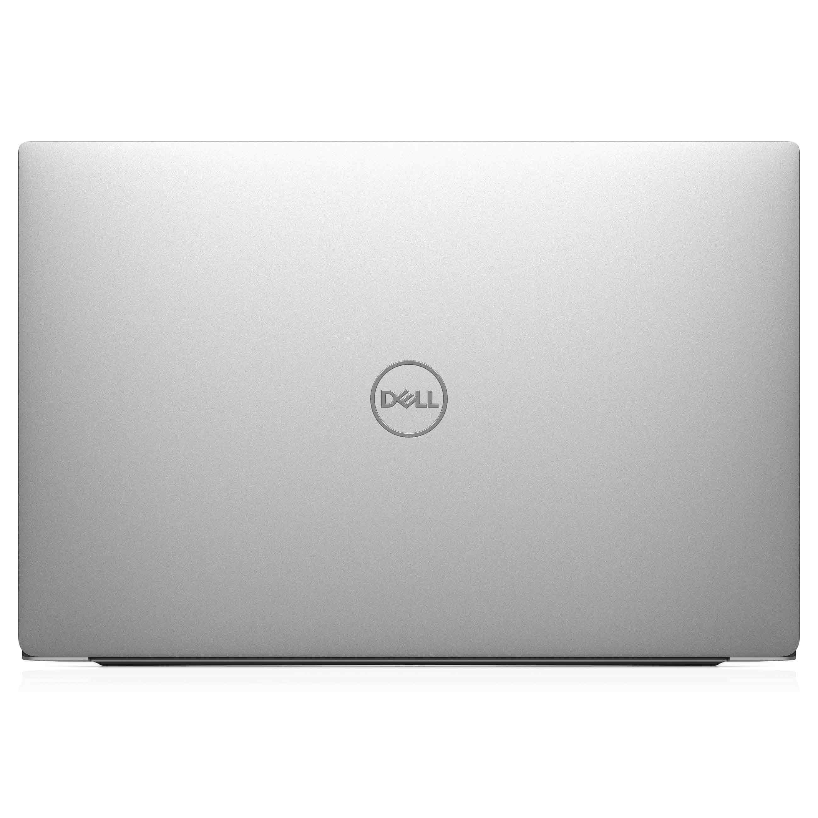 Die geschlossene, silberne Oberseite eines Dell-Laptops mit dem Dell-Logo in der Mitte.