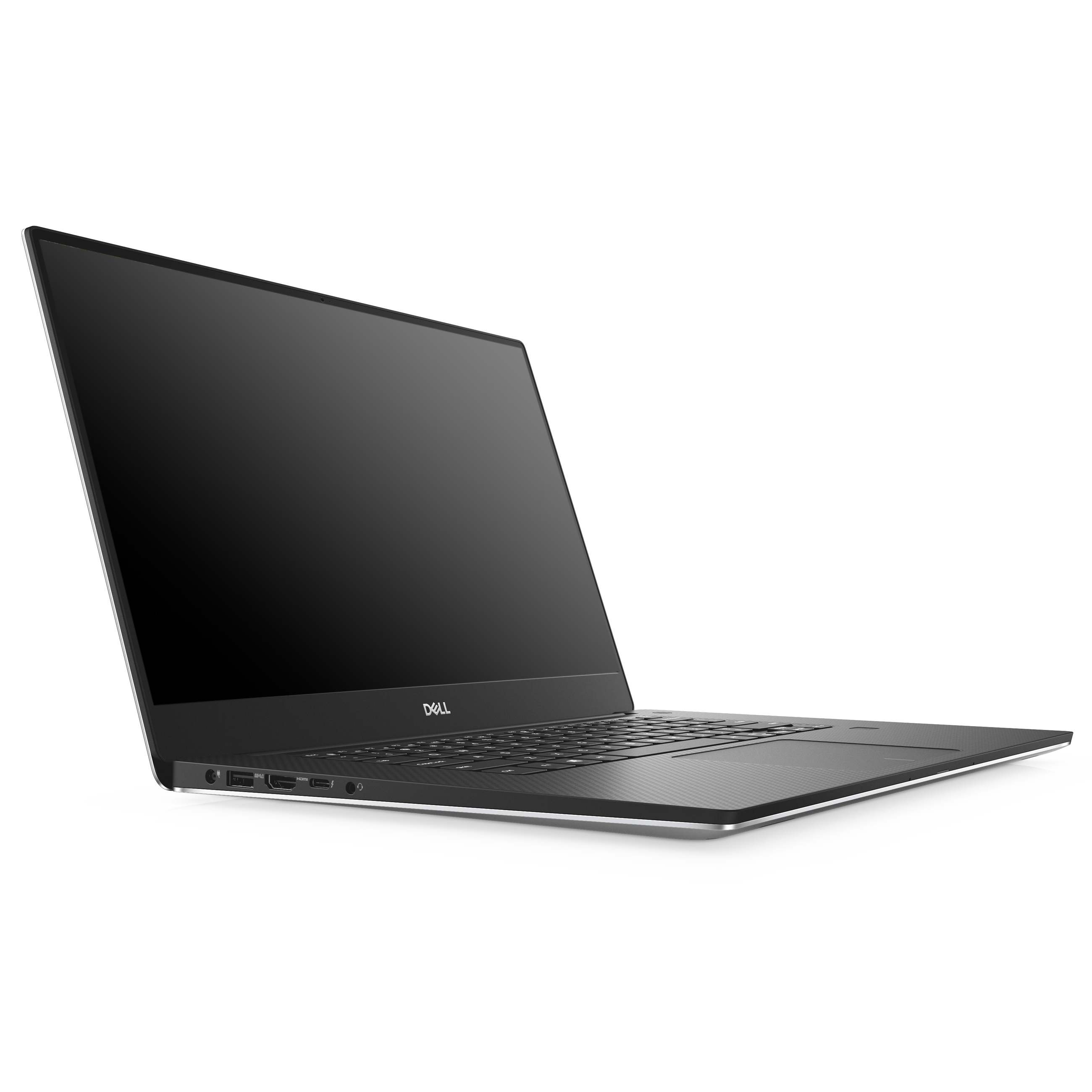 Ein schwarzer Dell-Laptop nach links geneigt, zeigt das schlanke Profil, die Tastatur, Anschlüsse und Bildschirm.