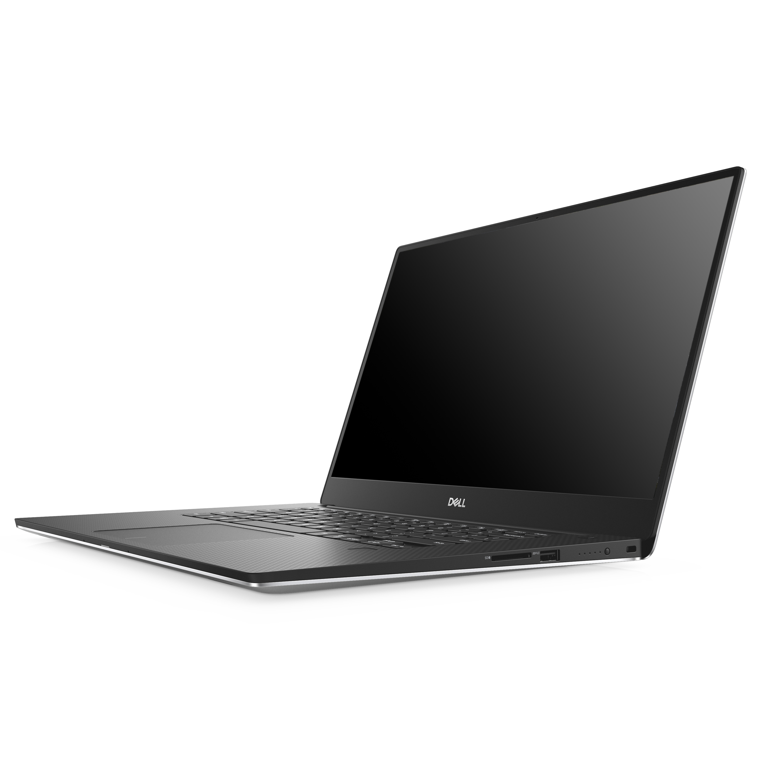 Ein schlanker, schwarzer Dell Laptop auf weißem Hintergrund, seitlich betrachtet.