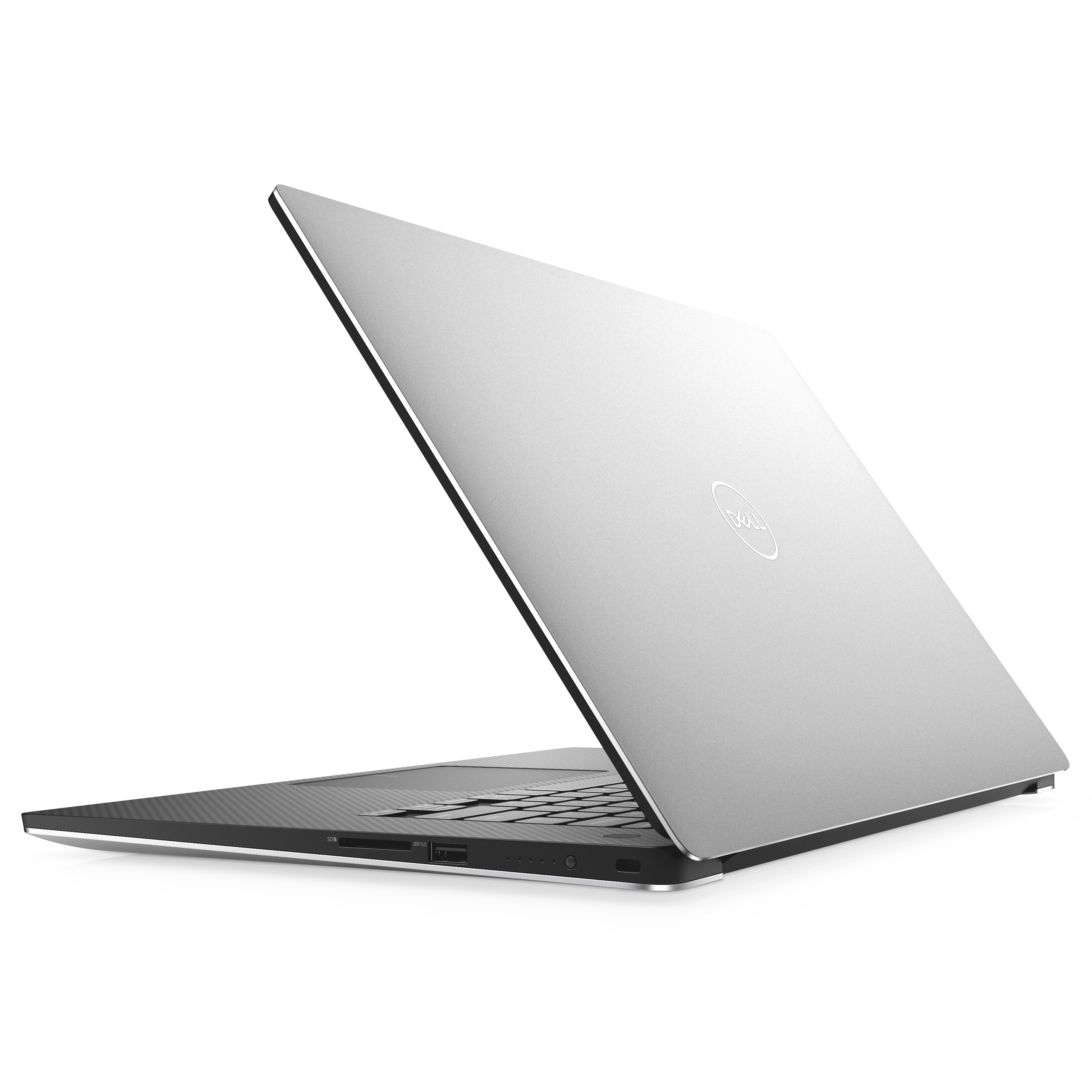 Ein silberner Dell Laptop steht auf einer weißen Oberfläche, die Ansicht zeigt die rechte Seite und den Deckel.
