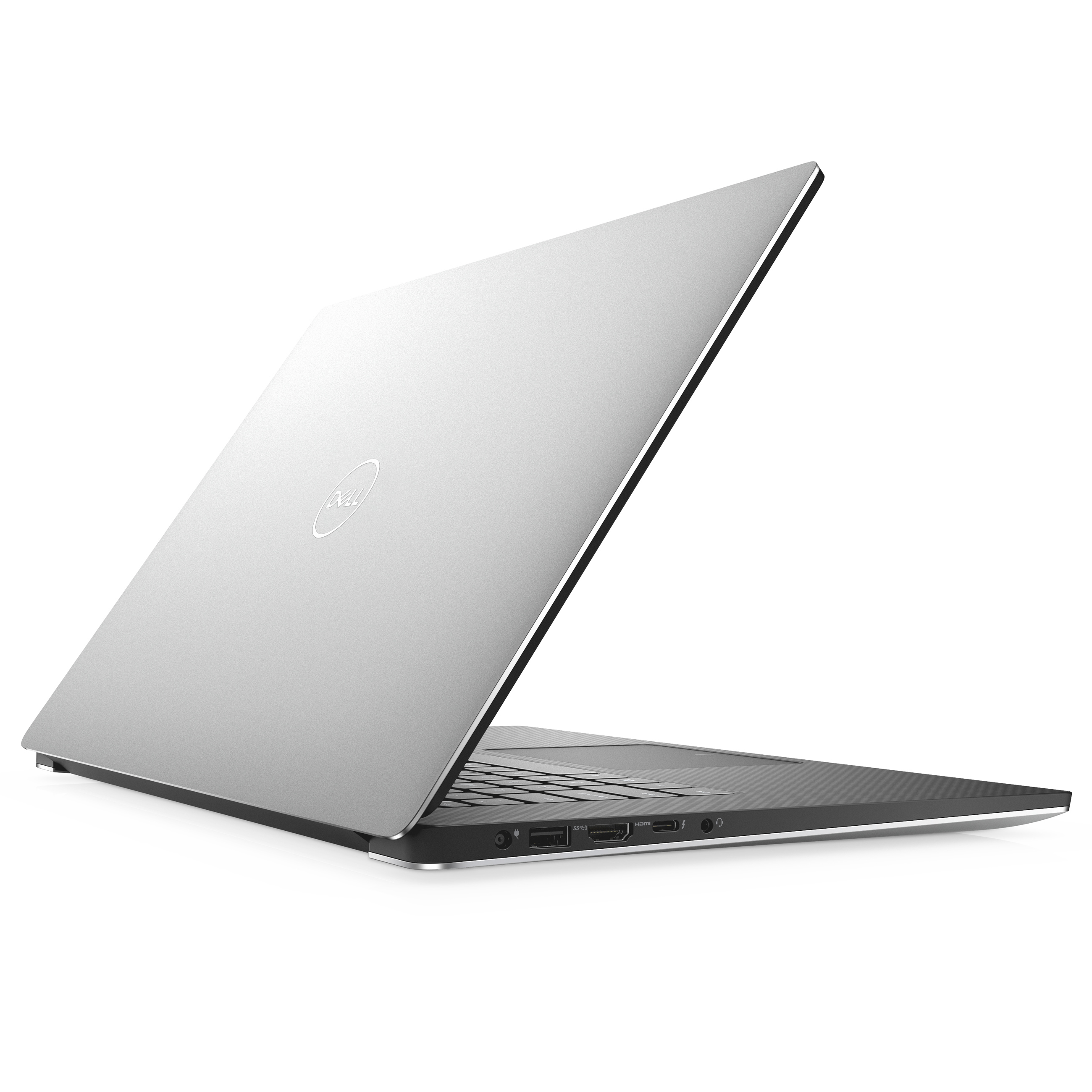 Silberner Dell-Laptop in offener Position auf weißem Hintergrund mit sichtbaren Anschlüssen an der Seite.