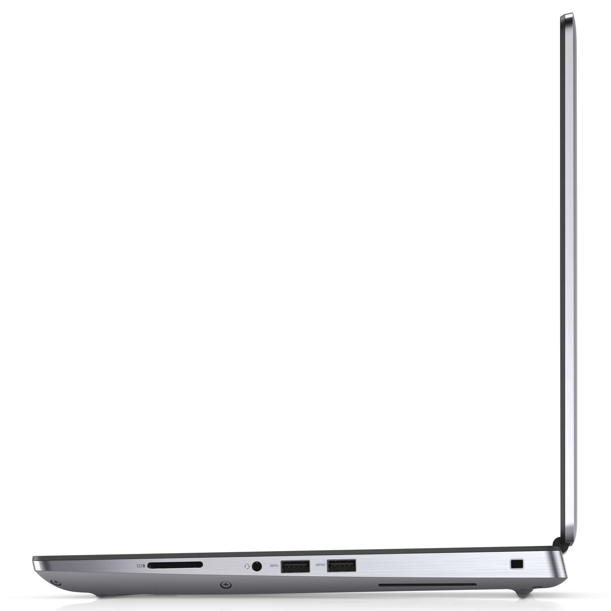 Linke Seite eines silbernen Laptops mit SD-Kartenleser, Audioanschluss und zwei USB-Anschlüssen.