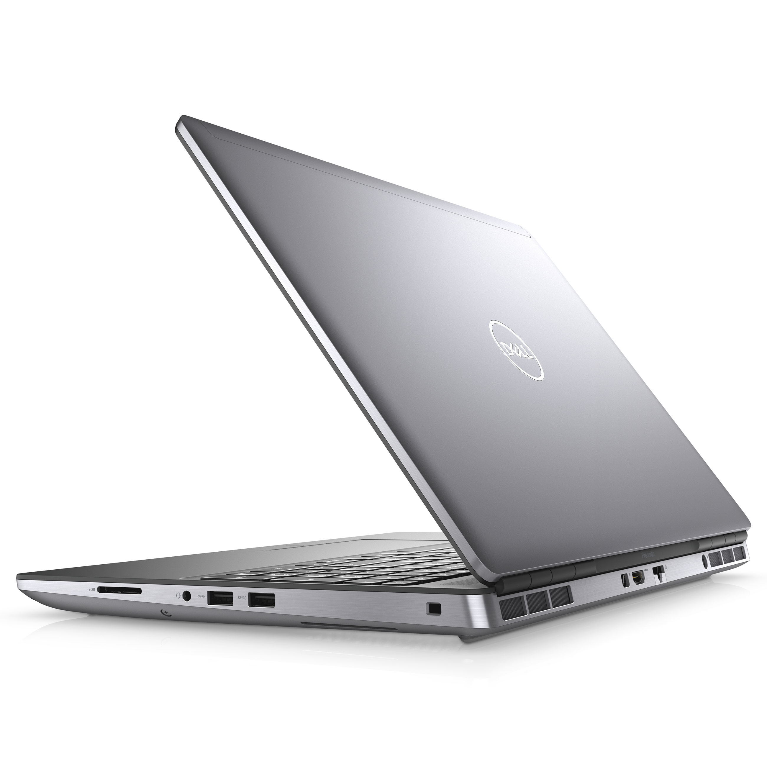 Ein silberner Dell-Laptop auf einer weißen Oberfläche, von schräg hinten aufgenommen.