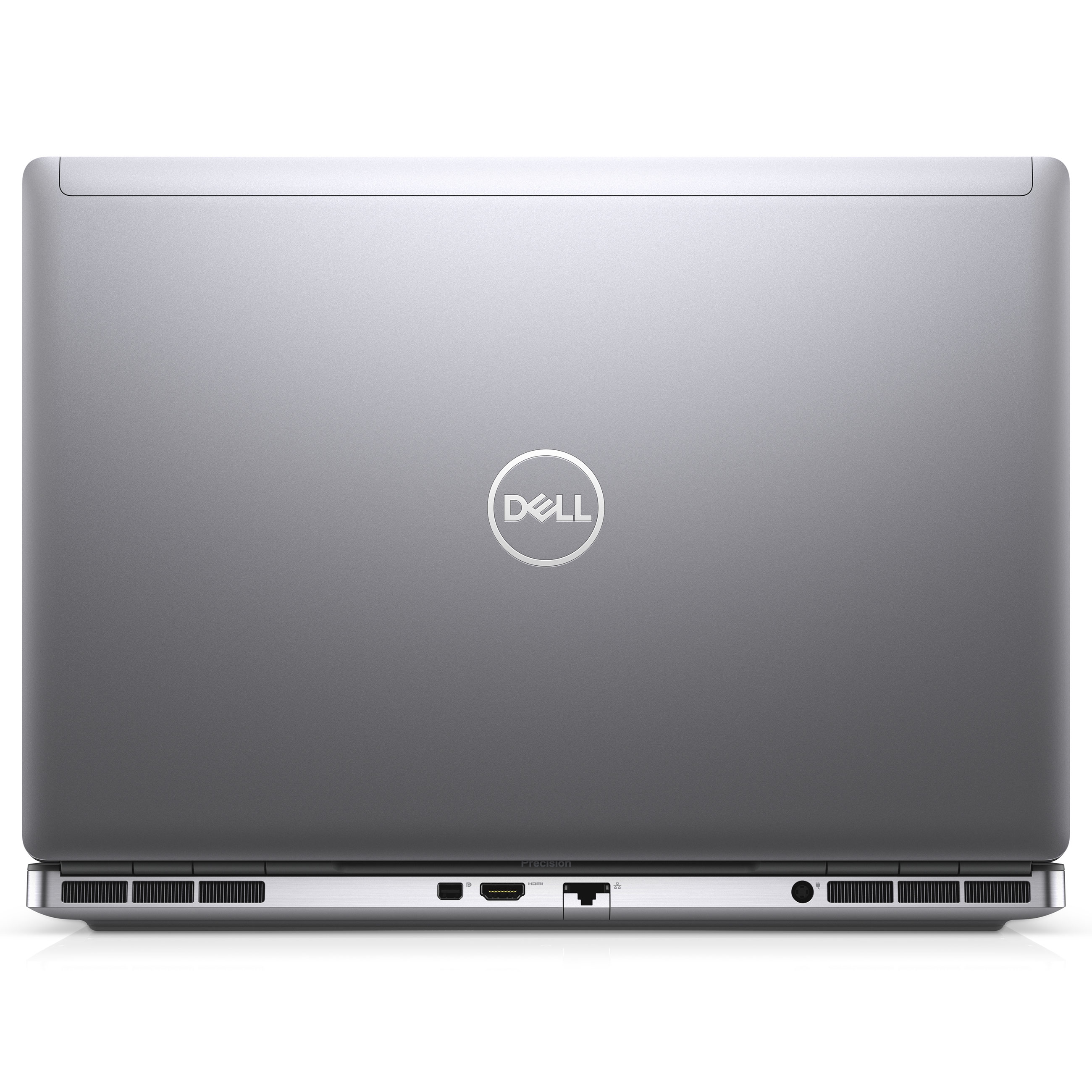 Rückseite eines geschlossenen silbernen Dell-Laptops mit dem runden Firmenlogo in der Mitte.
