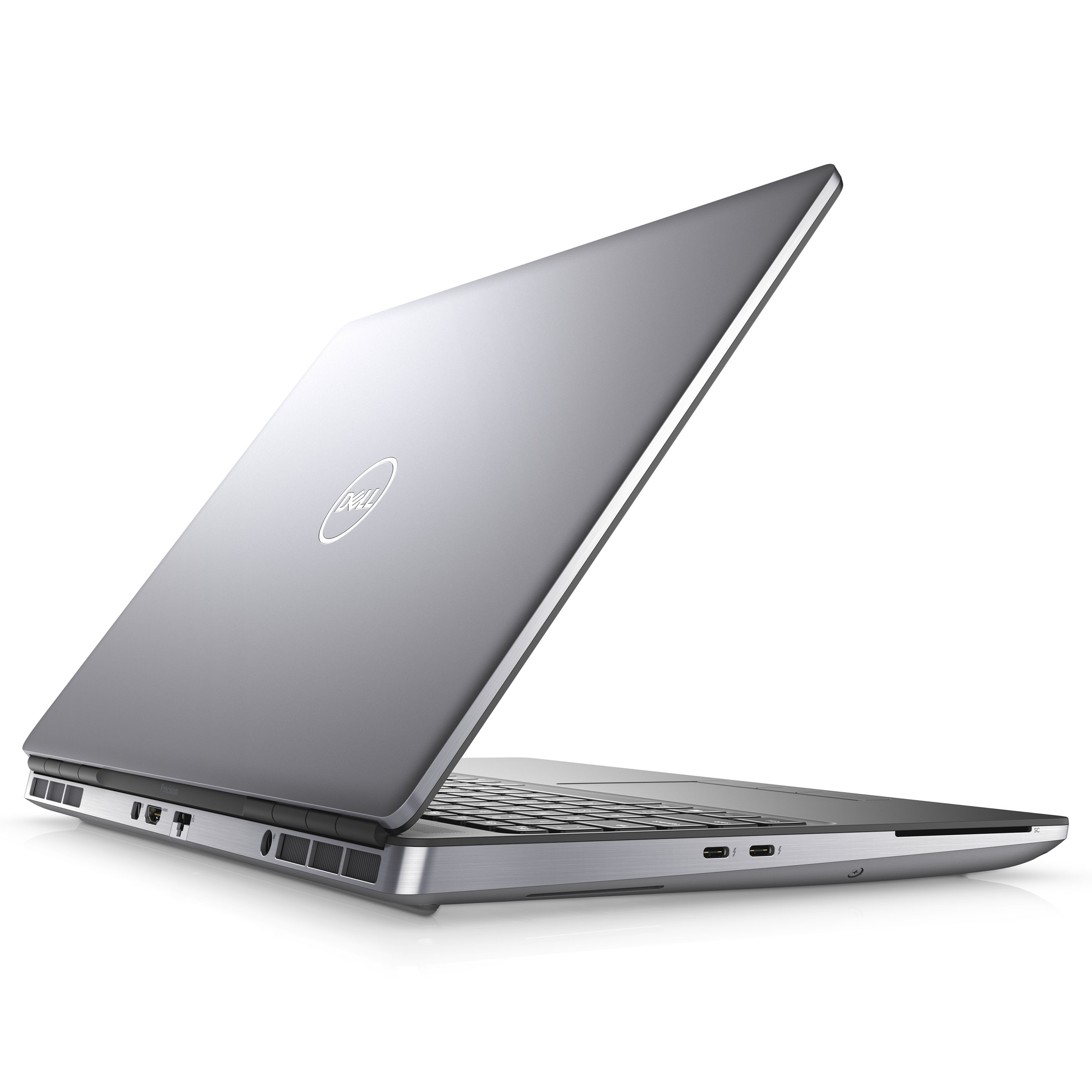 Ein silberner Dell-Laptop aus der Rückansicht, der seine Anschlüsse und sein schlankes Design zeigt.
