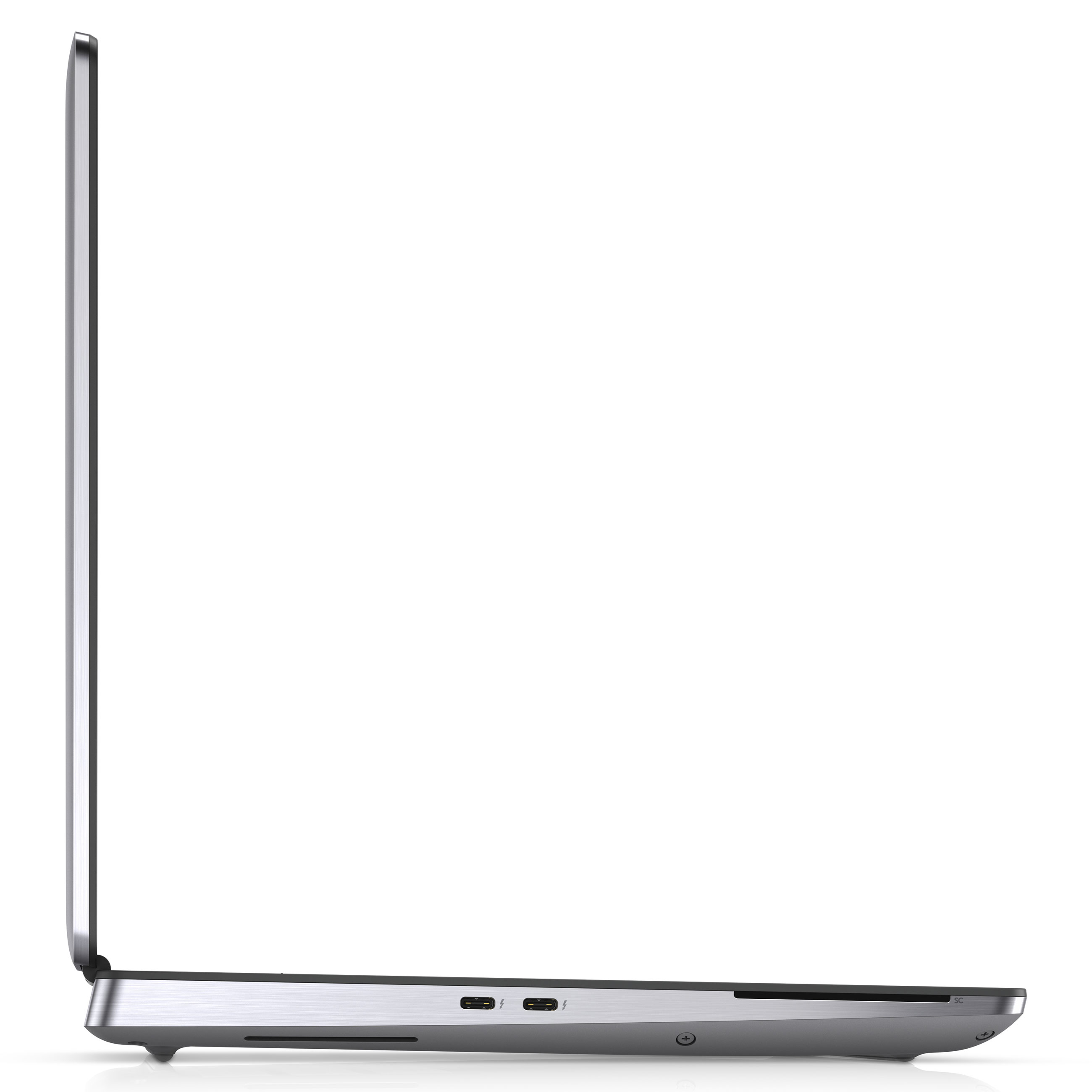 Seitenansicht eines silbernen Laptops mit USB-C-Anschlüssen und Kartenleser vor weißem Hintergrund.