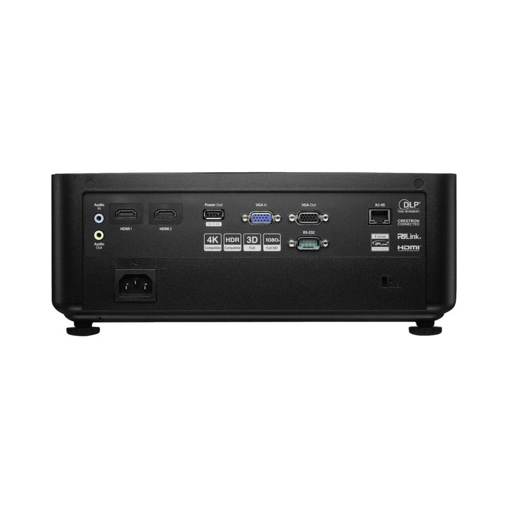 Rückansicht eines schwarzen Projektors mit verschiedenen Anschlüssen wie HDMI, VGA, Audio und RJ-45.