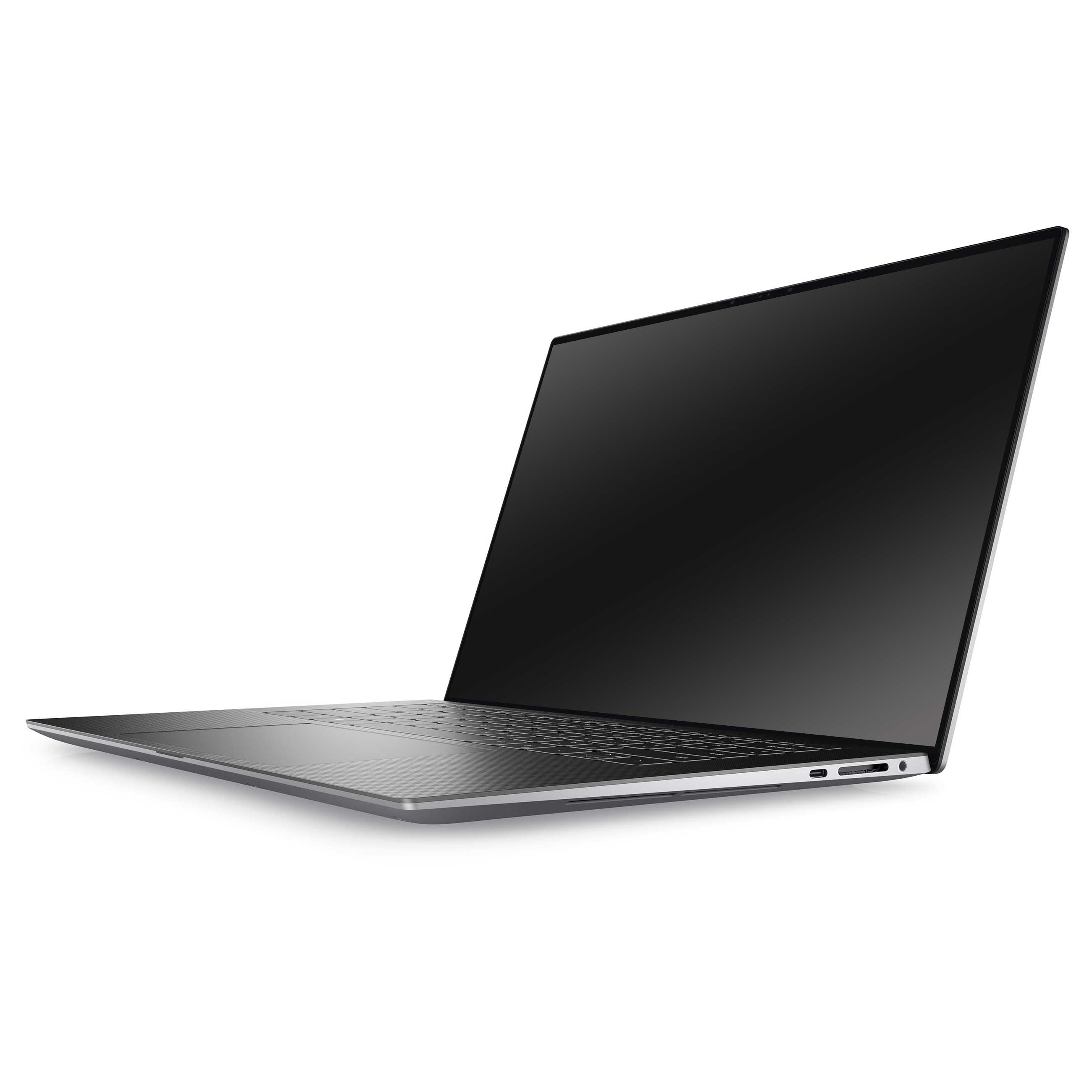 Ein schlanker, silberner Laptop mit schwarzem Bildschirm steht auf weißem Hintergrund.