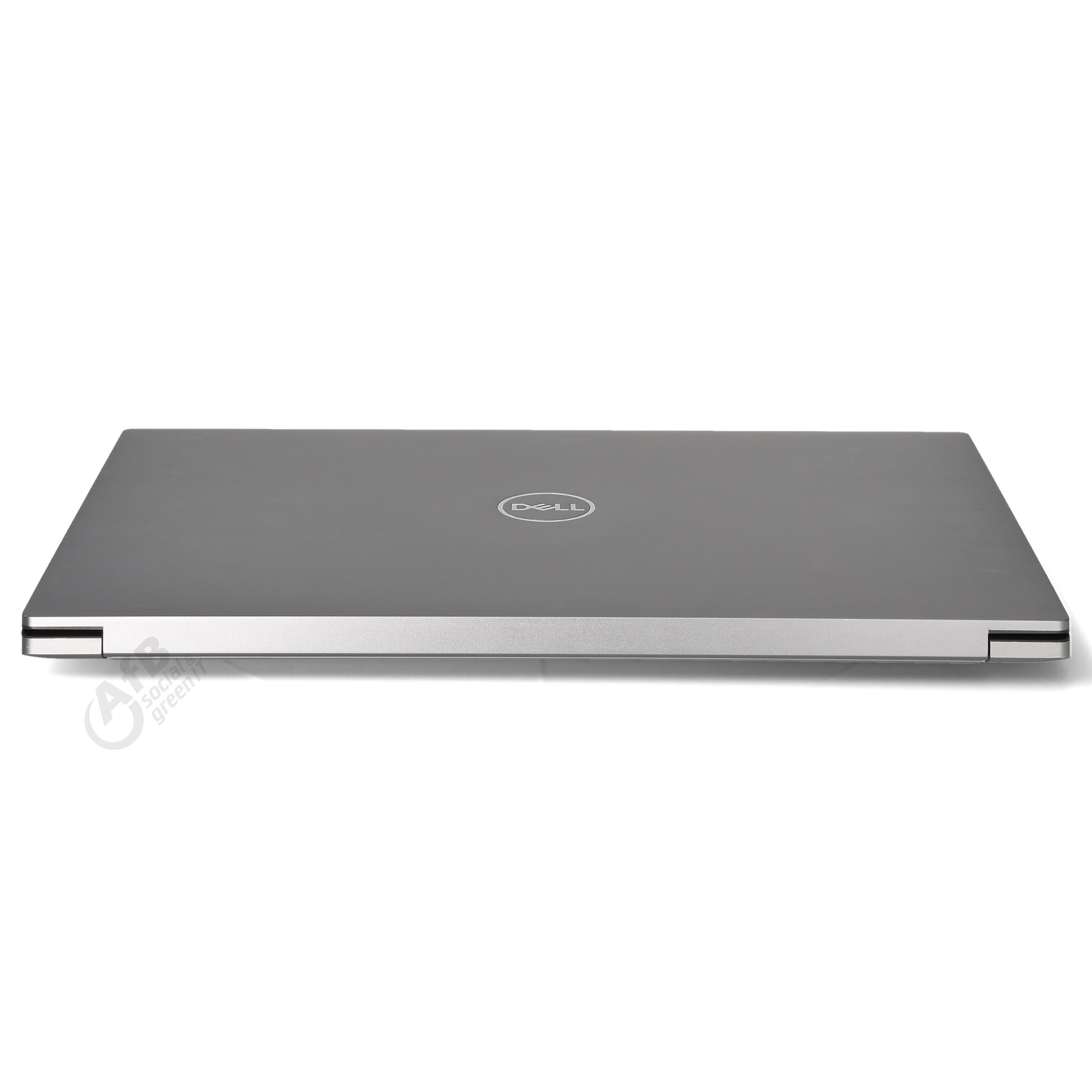 Geschlossener grauer Dell Laptop mit silbernem Logo auf der Oberseite vor weißem Hintergrund.