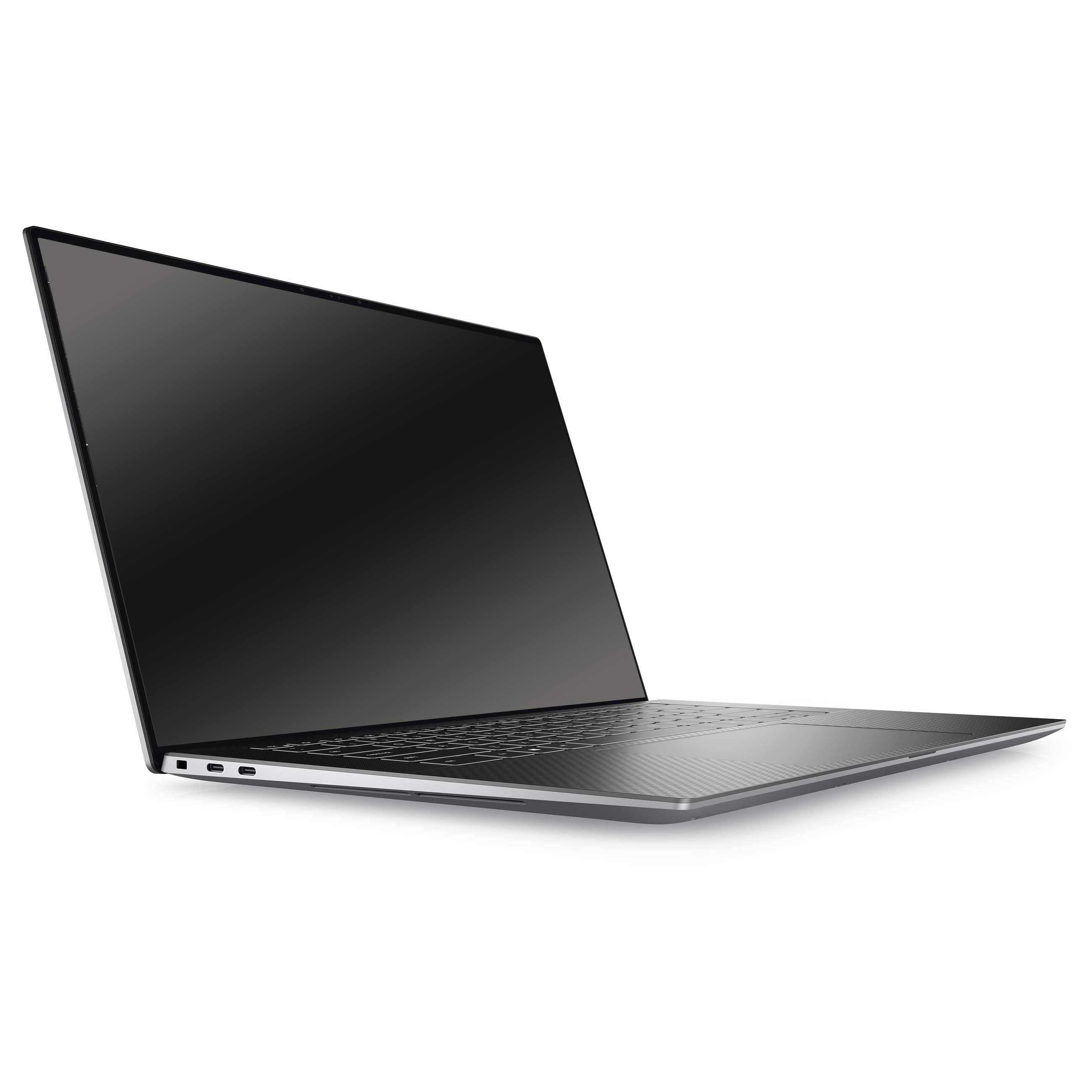 Ein schlanker silberner Laptop mit schwarzem Bildschirm steht schräg auf einer weißen Oberfläche.