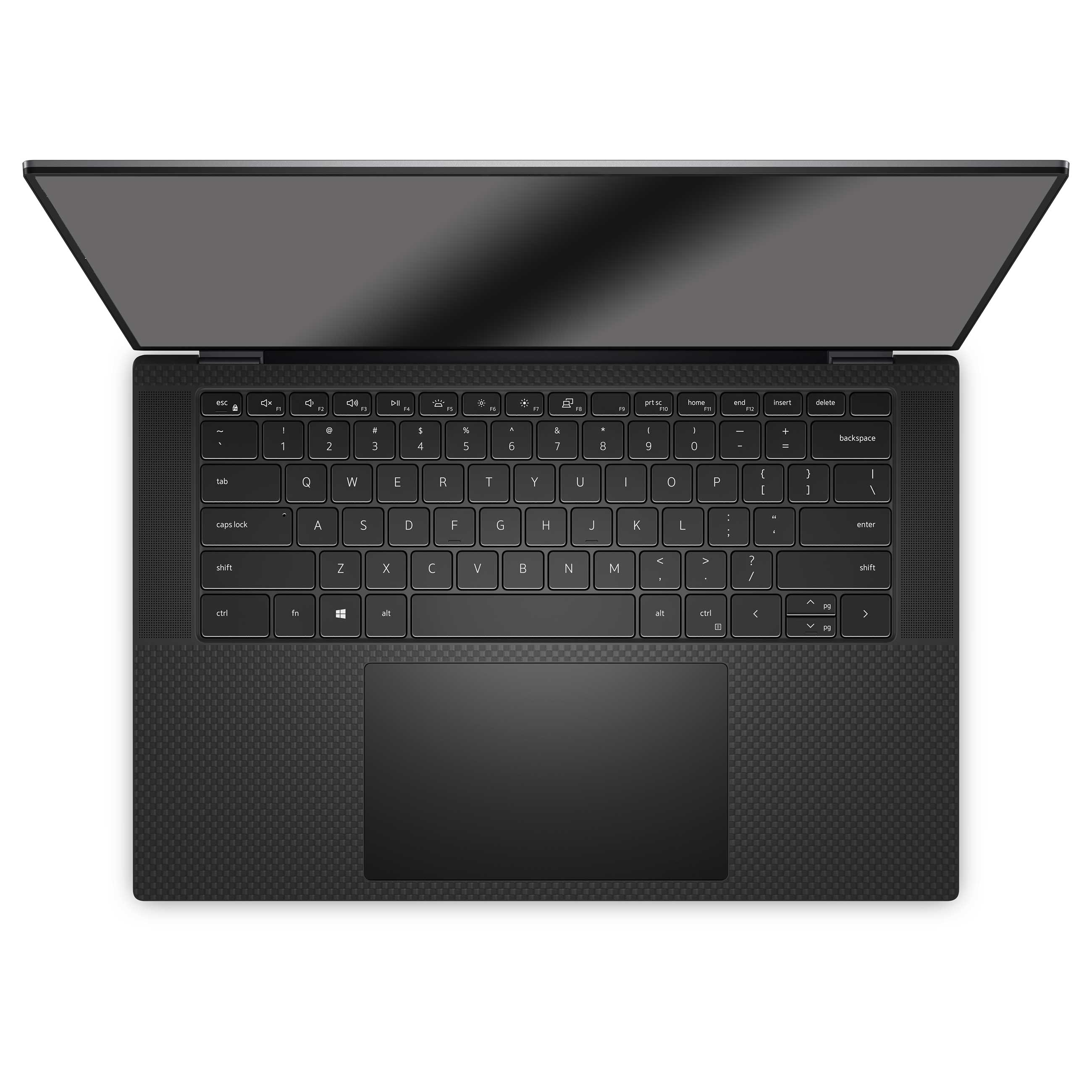 Draufsicht auf einen schwarzen Laptop mit offenem Bildschirm, deutscher QWERTZ-Tastatur und integriertem Touchpad.