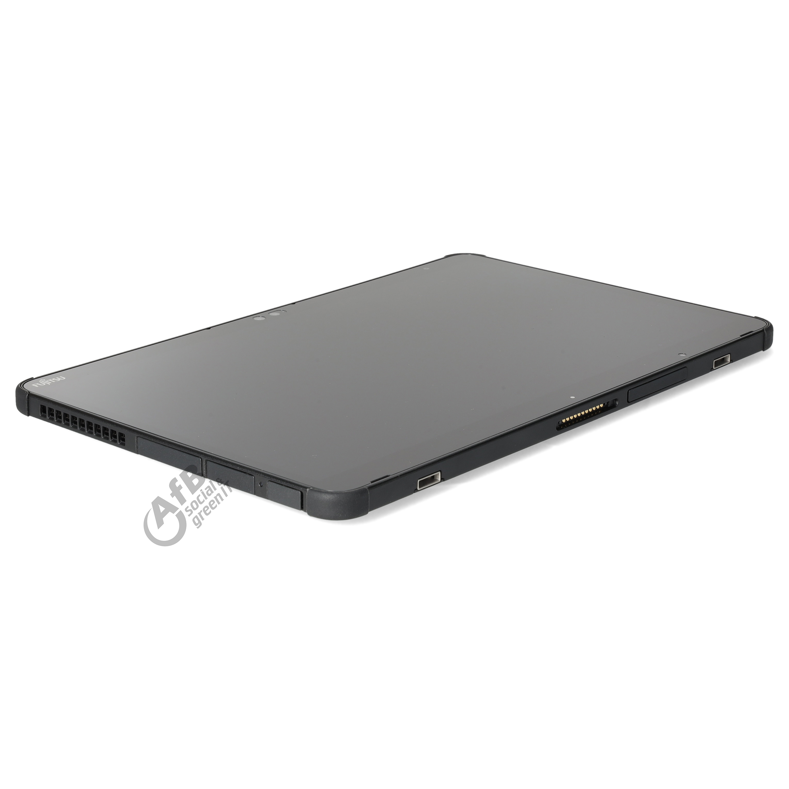 Ein schwarzes Fujitsu-Tablet auf weißem Hintergrund, mit Fokus auf die Vorderseite und Seitenanschlüsse.