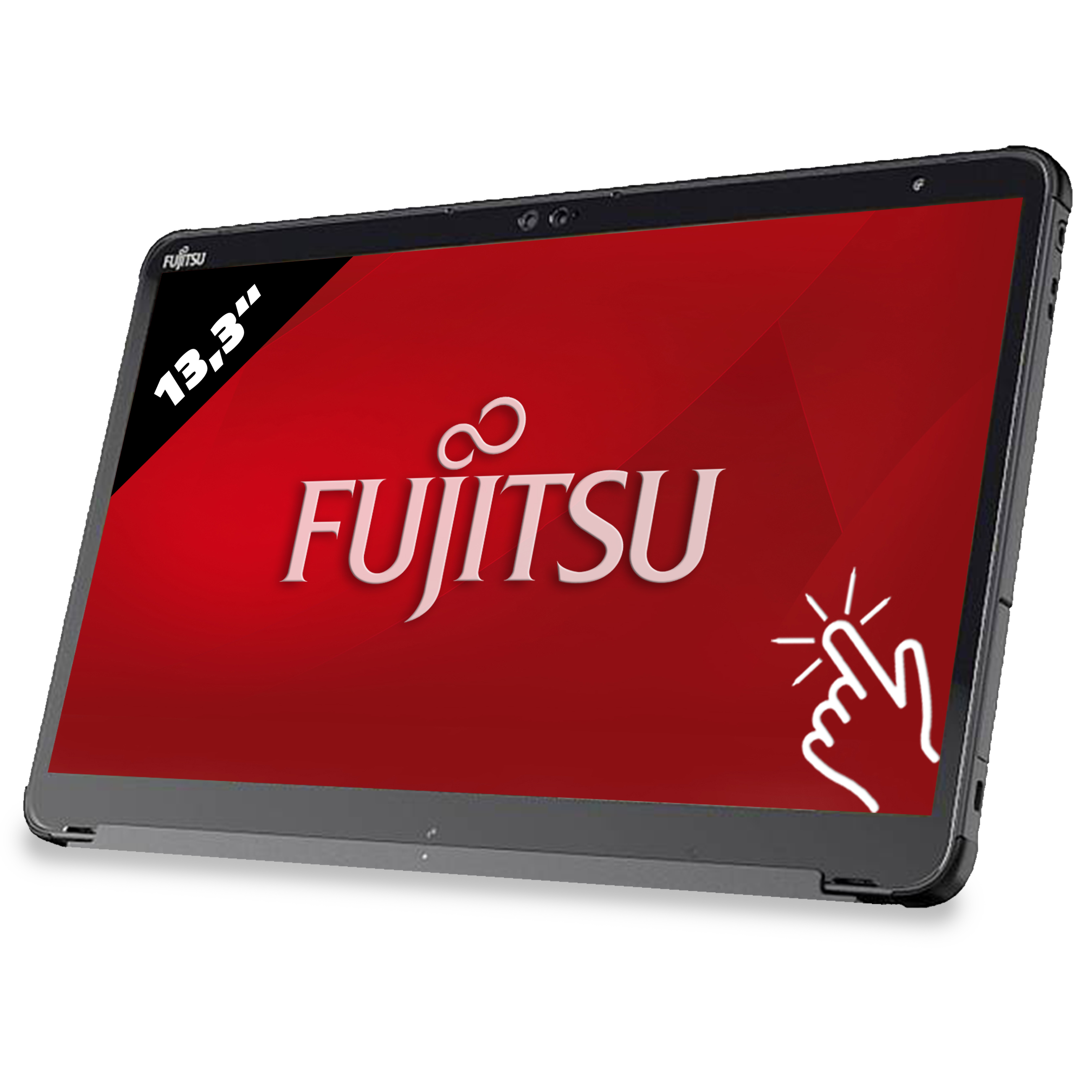 Ein Fujitsu 13,3-Zoll-Tablet zeigt ein rotes Display mit weißem Logo und einem Berührungssymbol.
