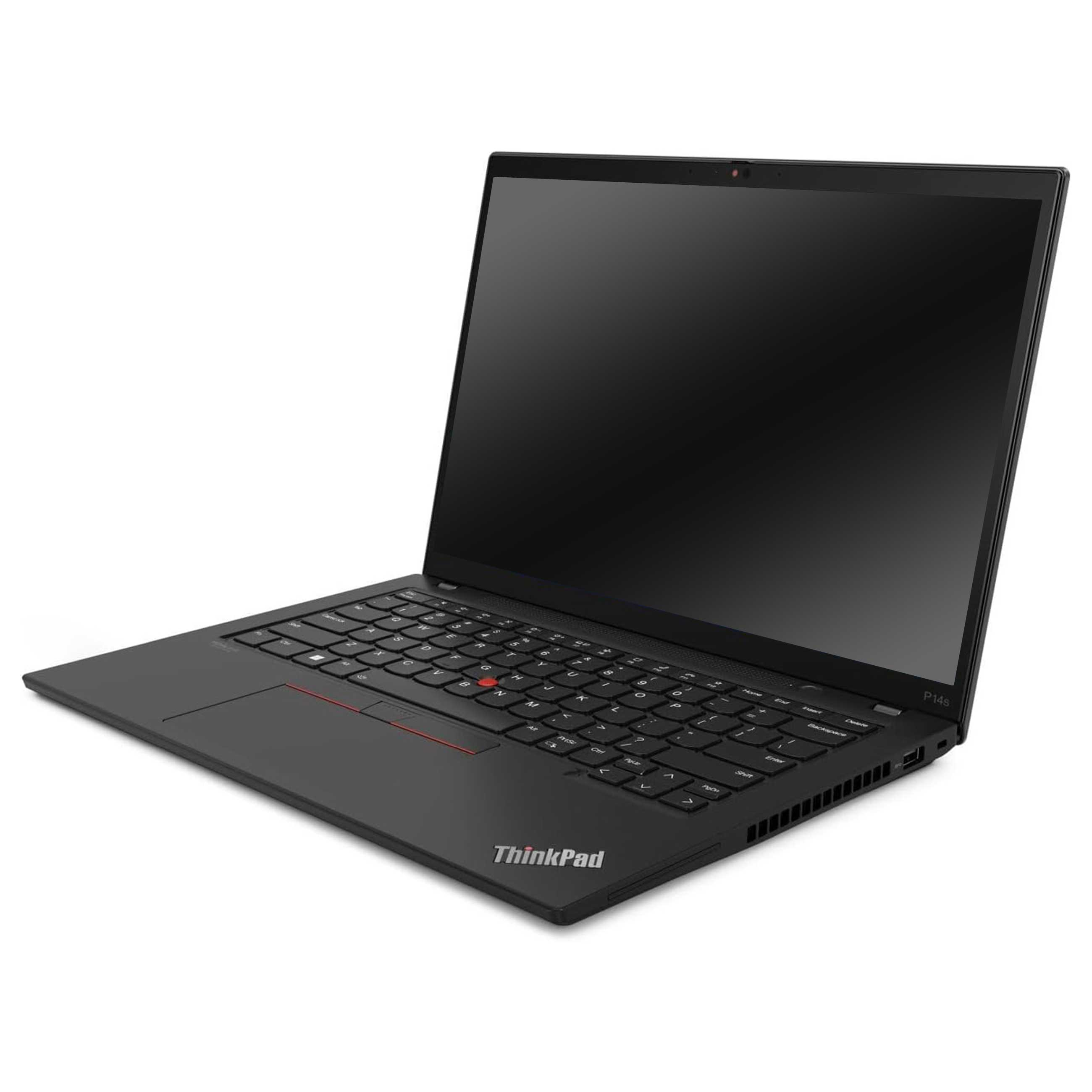 Ein schwarzer ThinkPad Laptop auf weißem Hintergrund mit rotem TrackPoint und geöffnetem Bildschirm.
