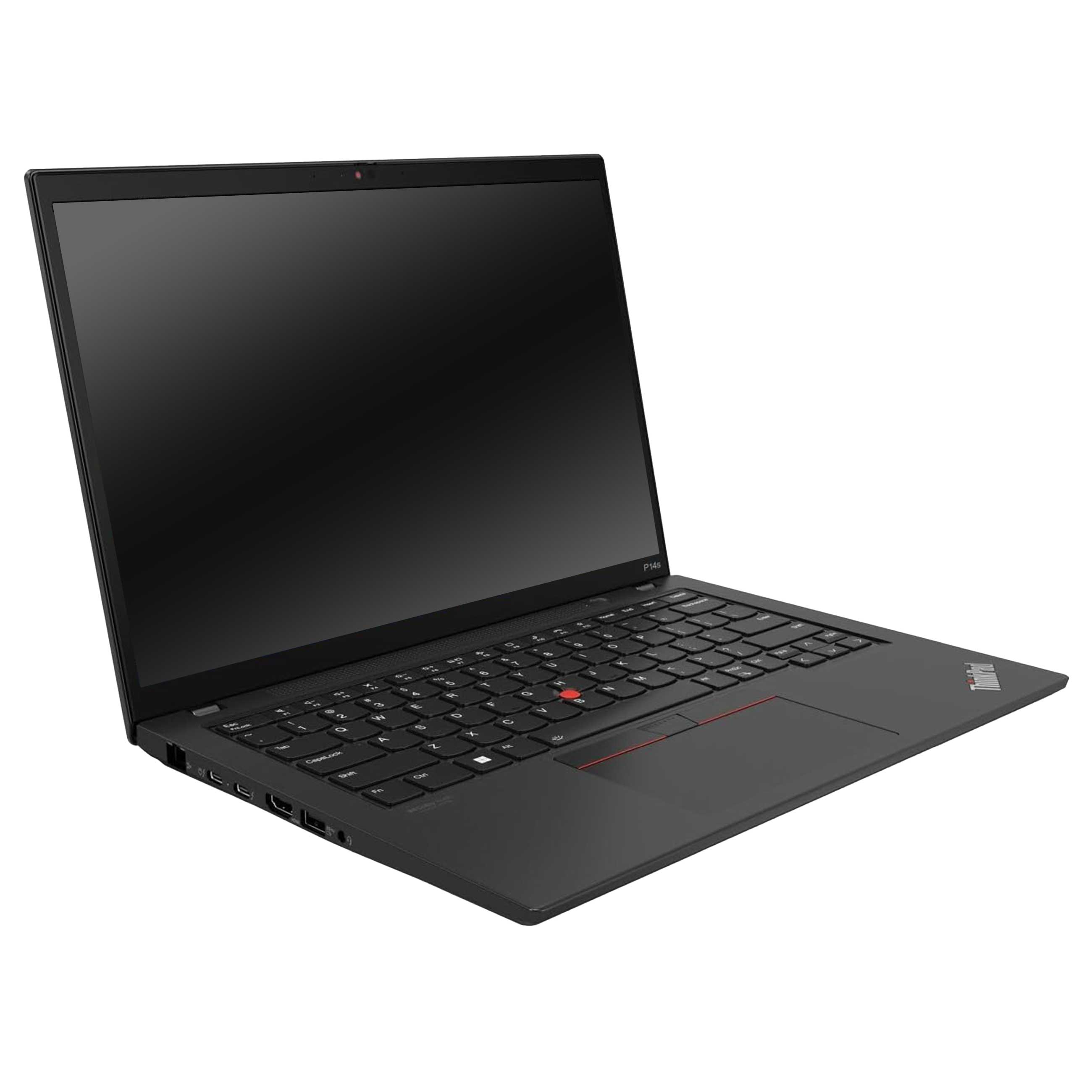 Ein schwarzer ThinkPad Laptop ist geöffnet und leicht nach rechts gedreht, auf weißem Hintergrund.