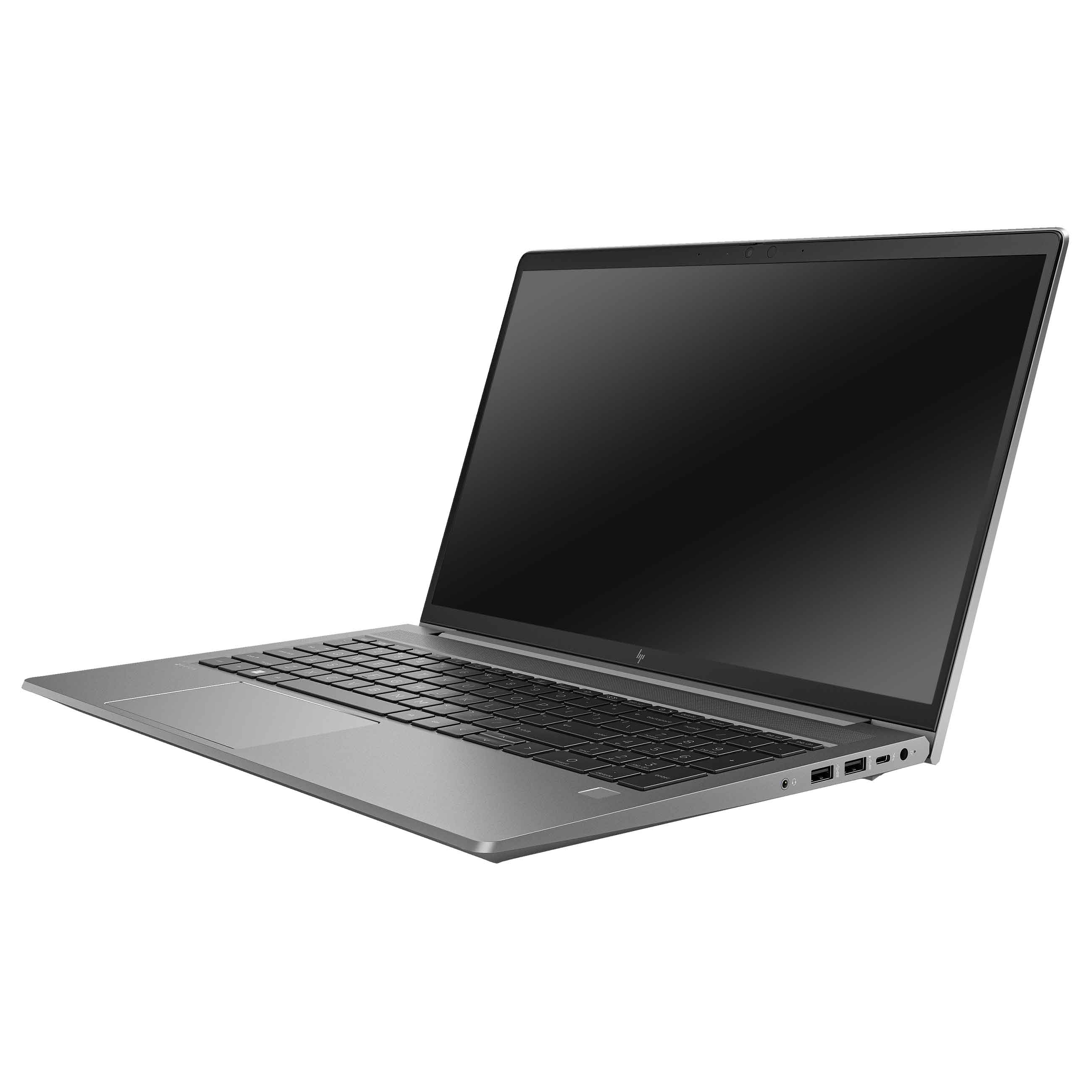 Ein grauer Laptop steht auf einem weißen Hintergrund und zeigt die Tastatur und den schwarzen Bildschirm.