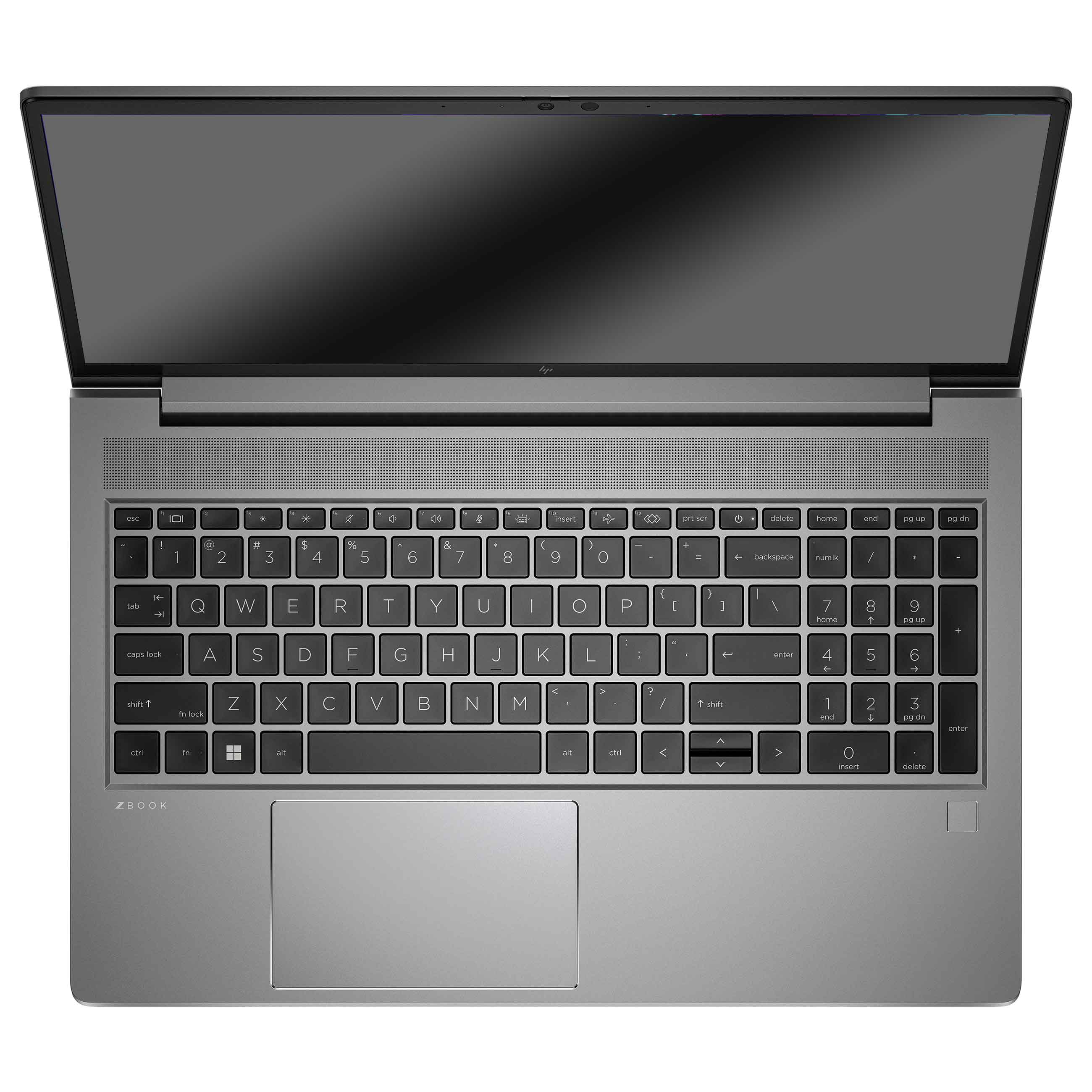 Grauer Laptop von oben mit beleuchteter Tastatur, Nummernblock und integriertem Touchpad.