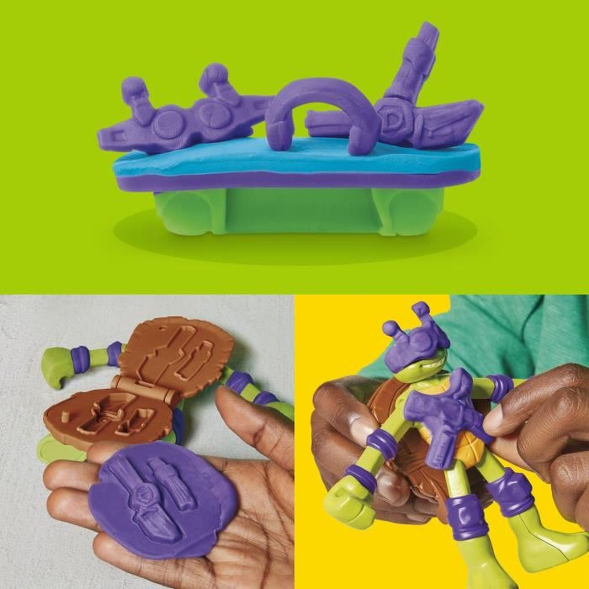 Ninja-Schildkröten-Spielset mit lila Waffen, Form und einer grünen Actionfigur, die von Händen zusammengebaut wird.