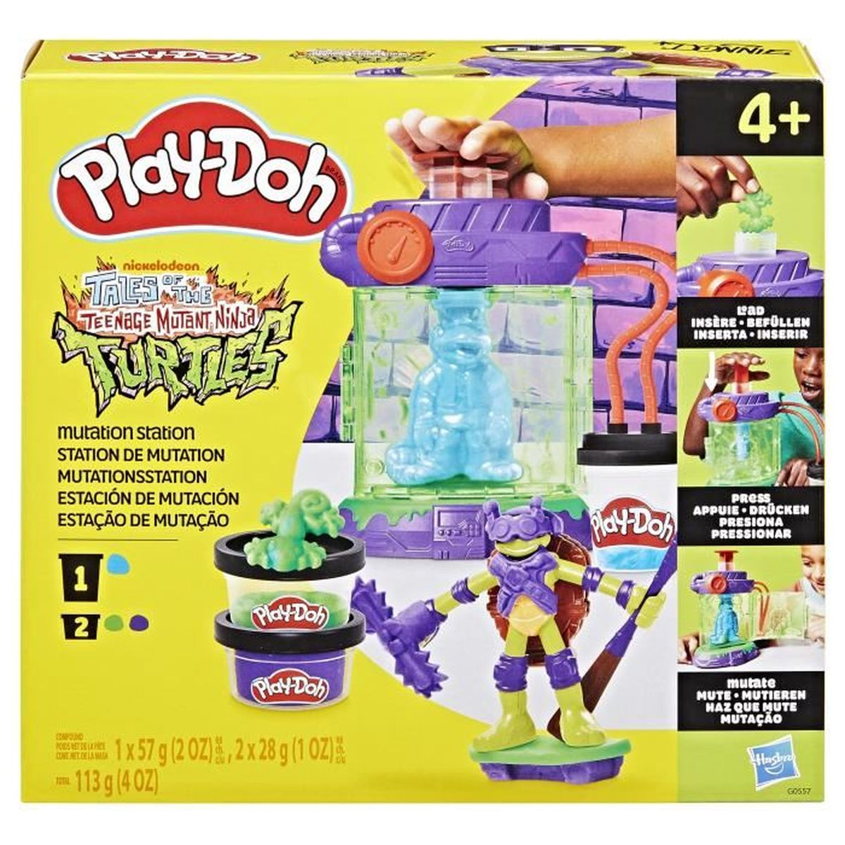 Play-Doh Mutation Station Spielset mit Turtle-Figur, Schachtel zeigt den Aufbau und grüne Knete.