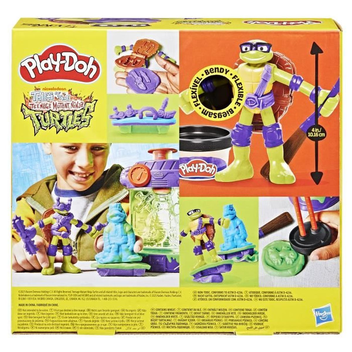 Play-Doh Teenage Mutant Ninja Turtles Spielzeugschachtel mit Donatello-Figuren, lila und grüner Knete und Werkzeugen.