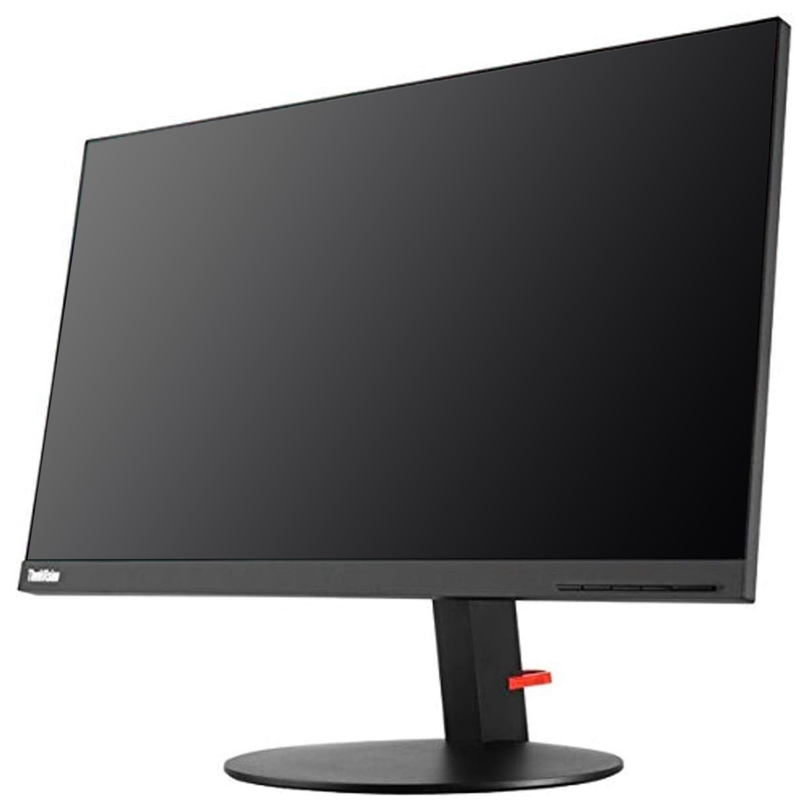 Ein schwarzer Computermonitor mit dünnem Rahmen steht auf einem runden Fuß vor weißem Hintergrund.