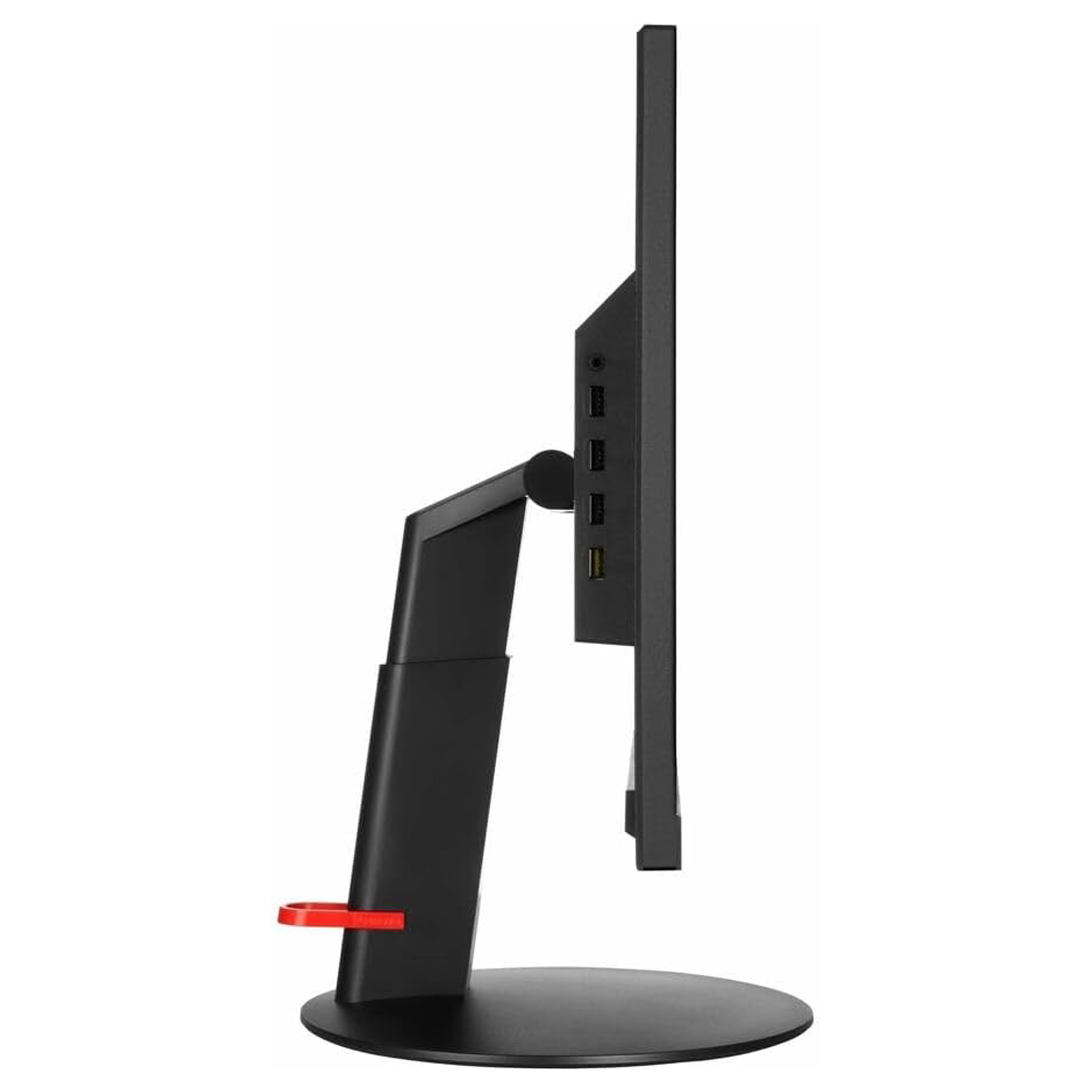 Seitenansicht eines schwarzen Monitors auf einem runden Ständer mit USB-Anschlüssen.