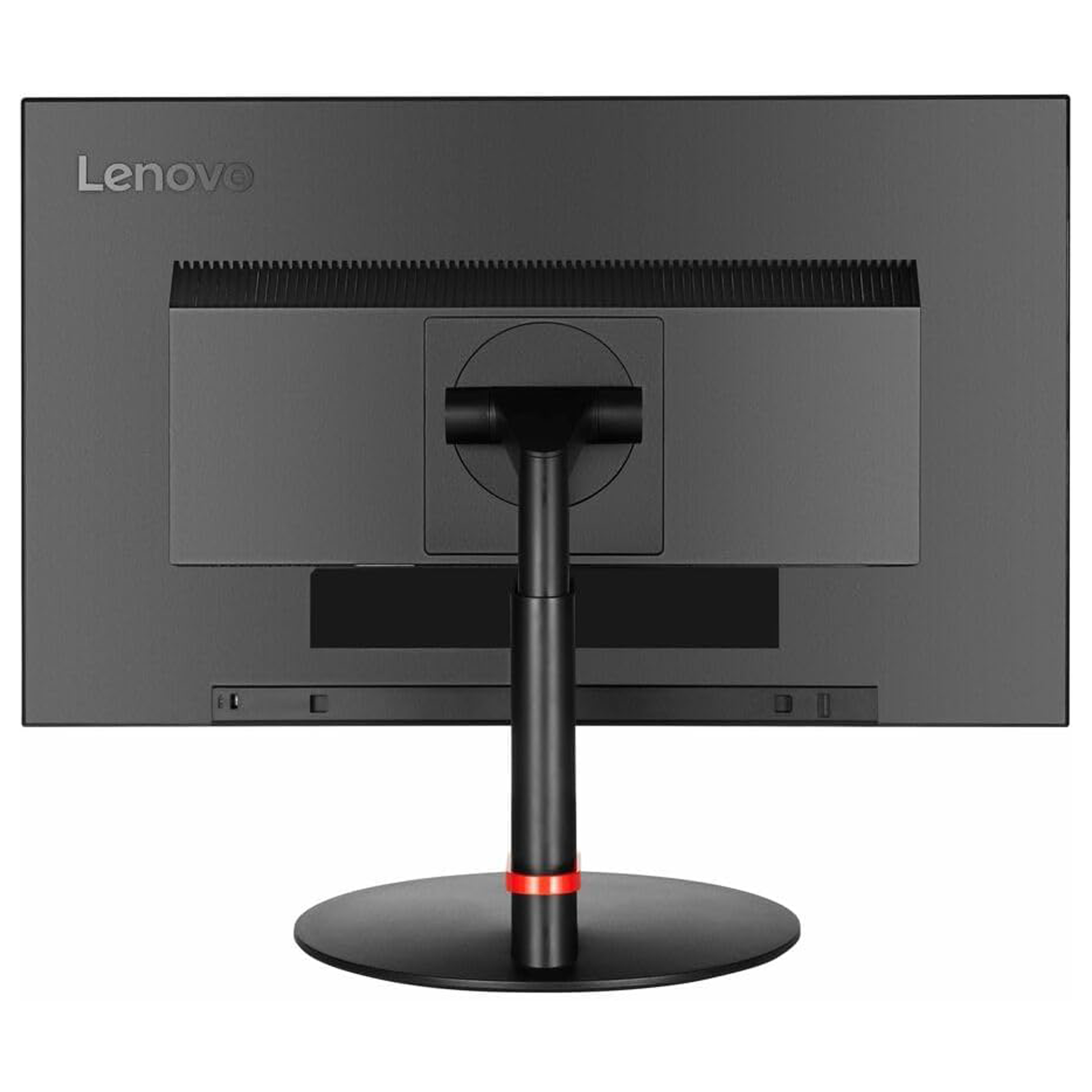 Rückansicht eines schwarzen Lenovo-Monitors mit verstellbarem Standfuß.