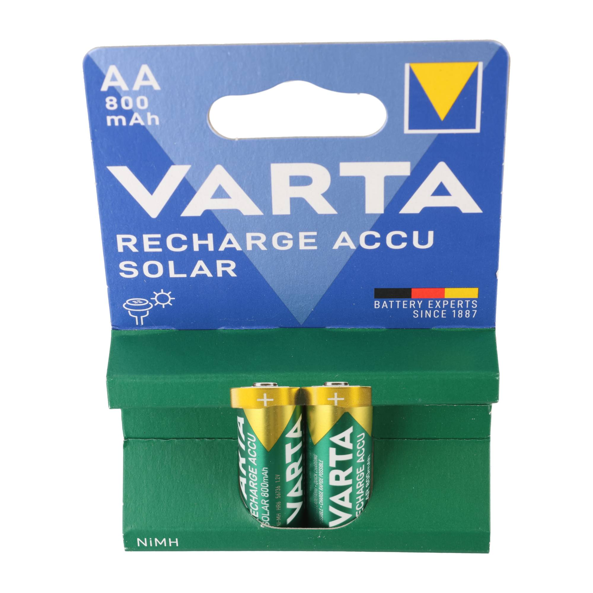 Varta AA solar rechargeable batteries in packaging, featuring green and blue branding against a white background.