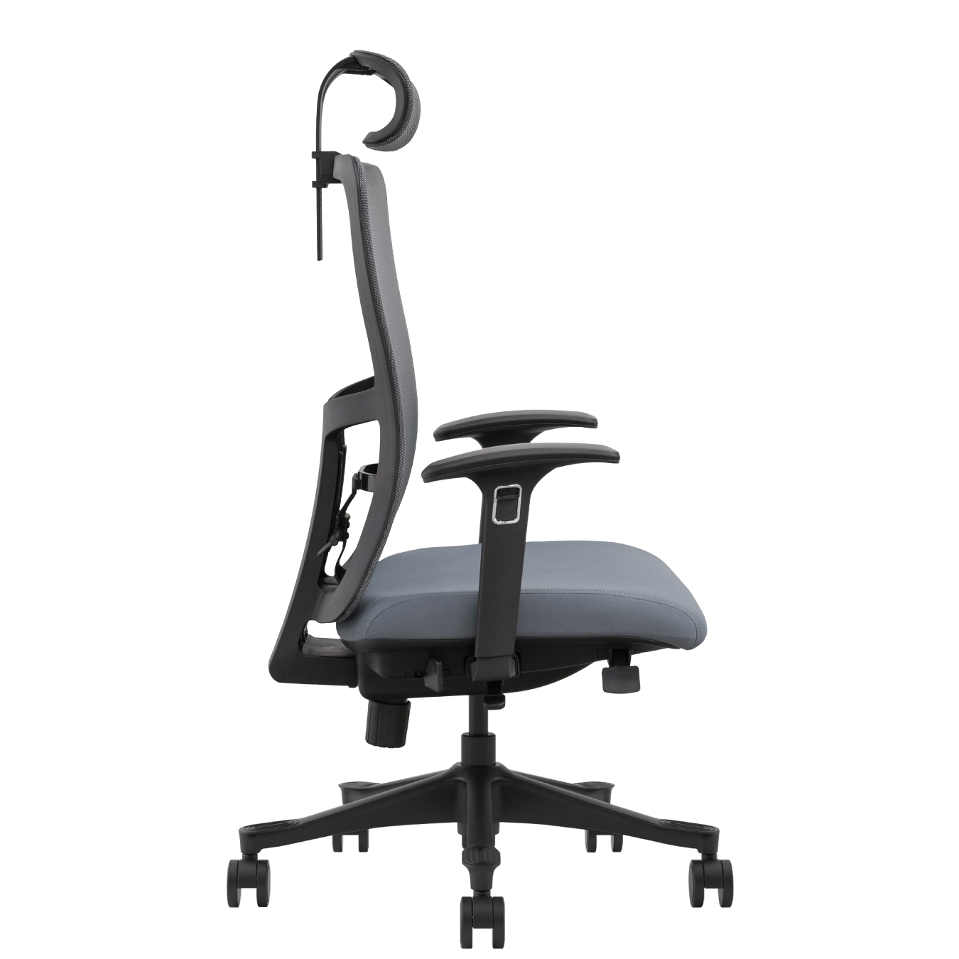 Moderne graue und schwarze Bürostuhl in Seitenansicht mit Rollen.