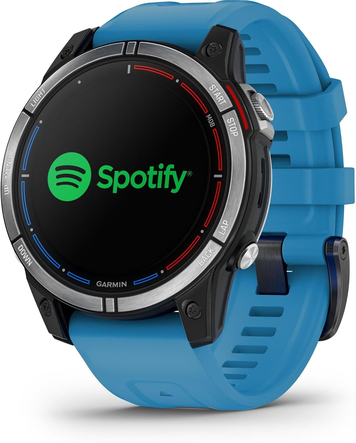 Reloj deportivo Garmin azul con bisel negro y logotipo de Spotify en la pantalla.