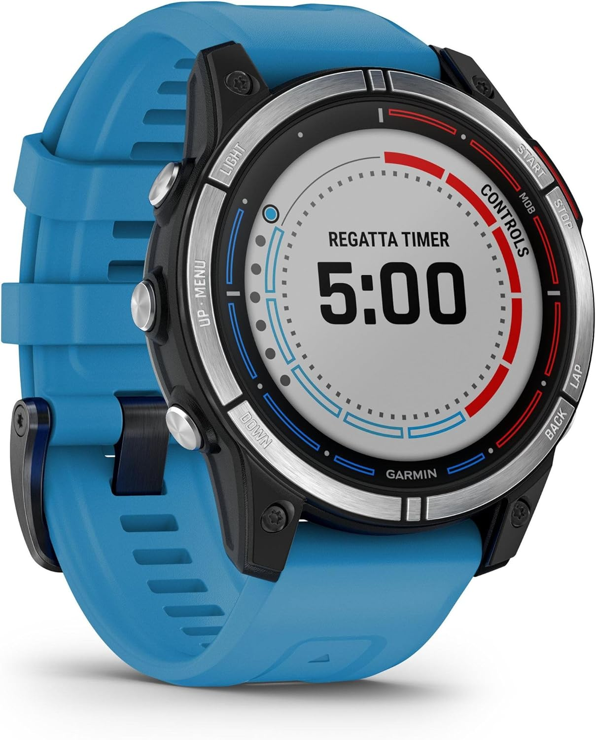 Reloj deportivo Garmin azul con temporizador de regata y caja negra sobre fondo blanco.
