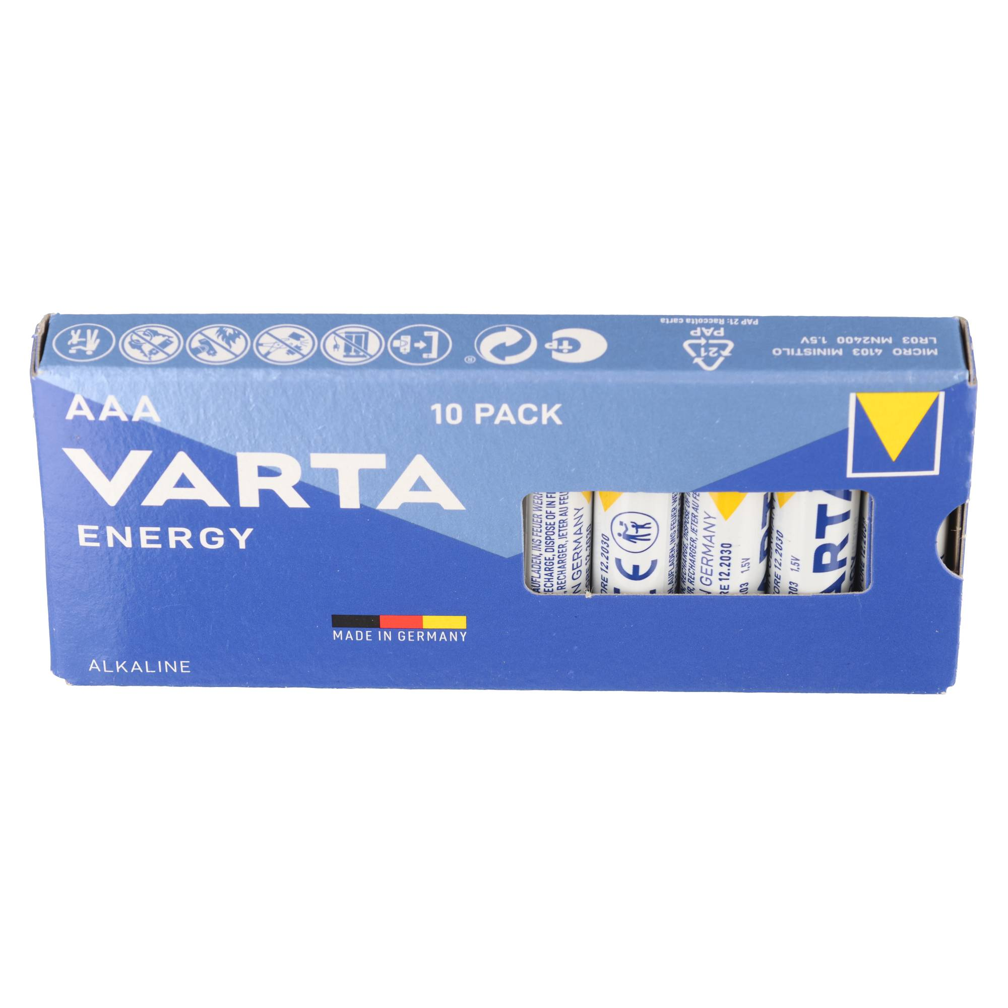 Empaque azul de 10 pilas alcalinas VARTA Energy AAA con texto blanco y bandera alemana.