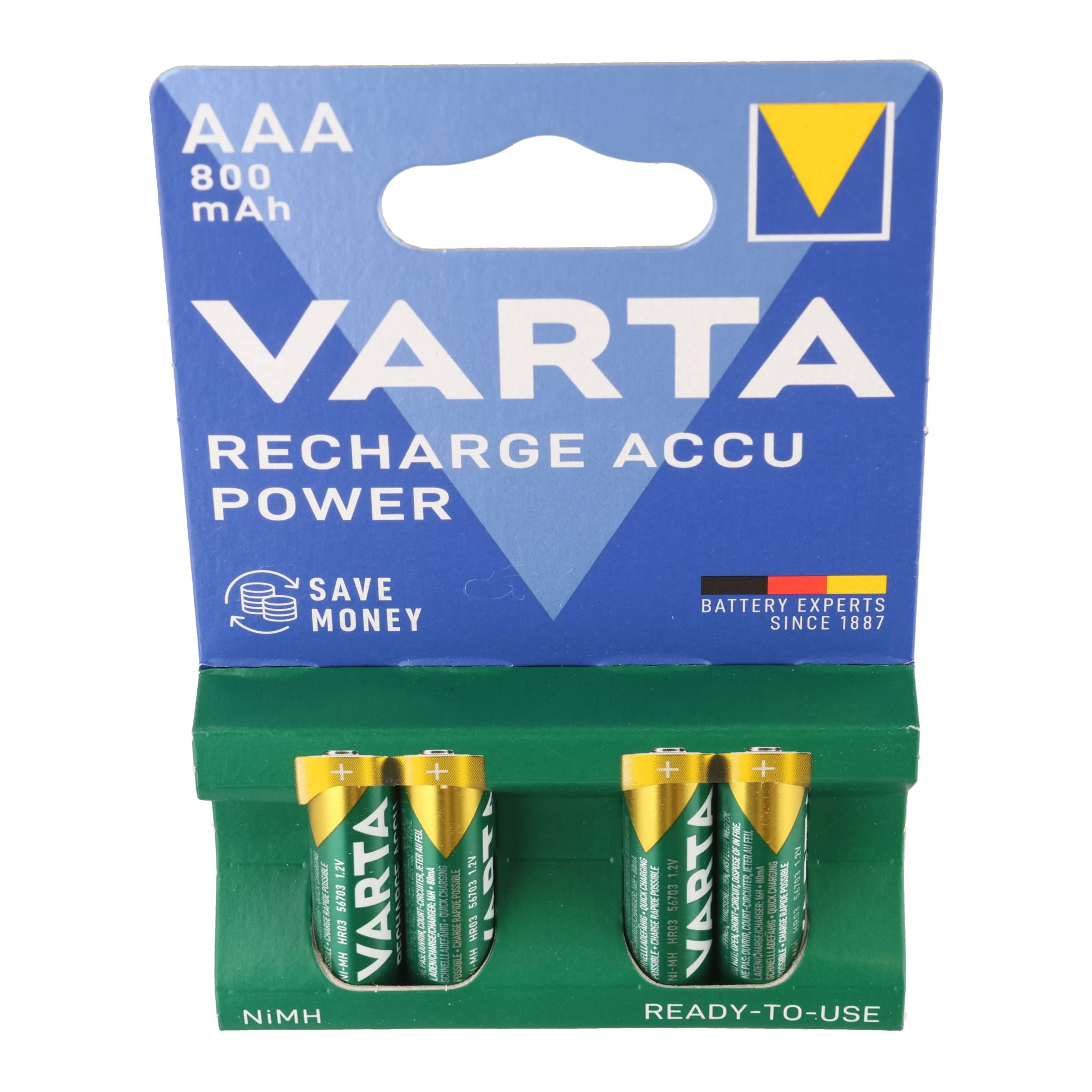 Vier grüne VARTA AAA NiMH-Akkus in der blau-grünen Blisterverpackung.