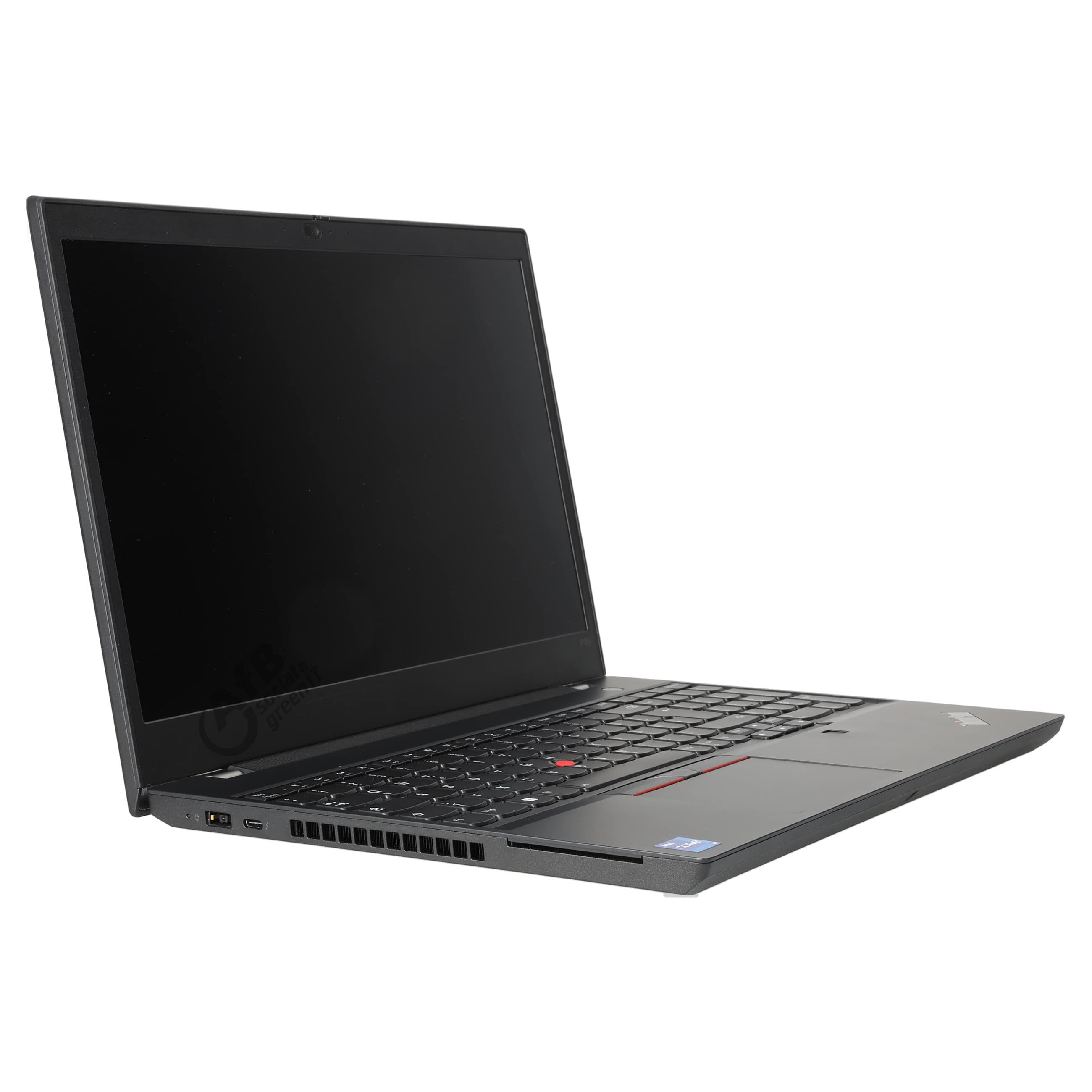 Ein offener schwarzer Laptop steht auf weißem Hintergrund, seitlich betrachtet.