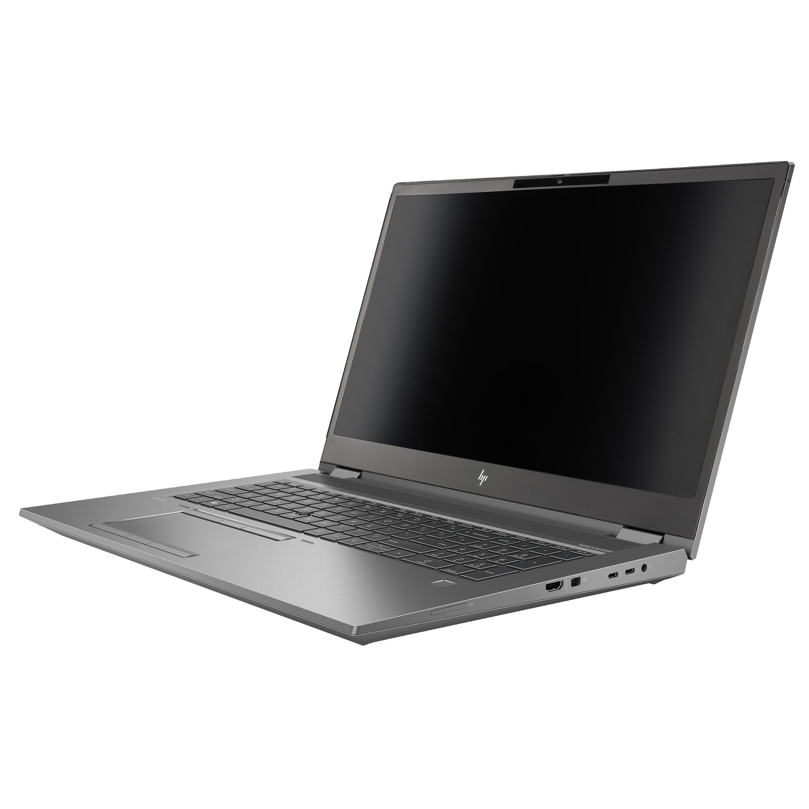 Ein grauer Laptop auf weißem Hintergrund, seitlich geöffnet fotografiert.