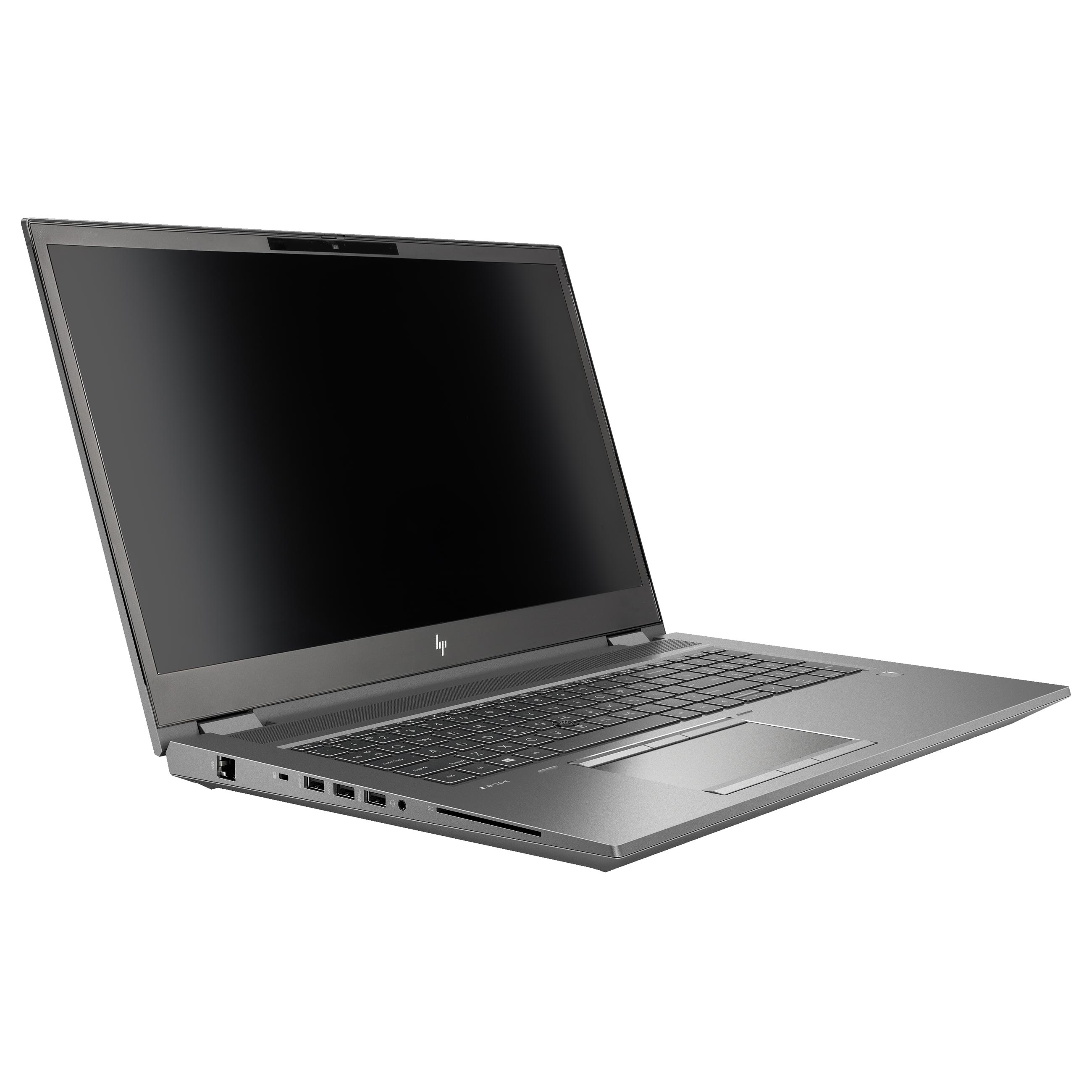 Ein schlanker, dunkelgrauer HP-Laptop geöffnet auf weißem Hintergrund, leicht angewinkelt, um Tastatur und Anschlüsse zu zeigen.