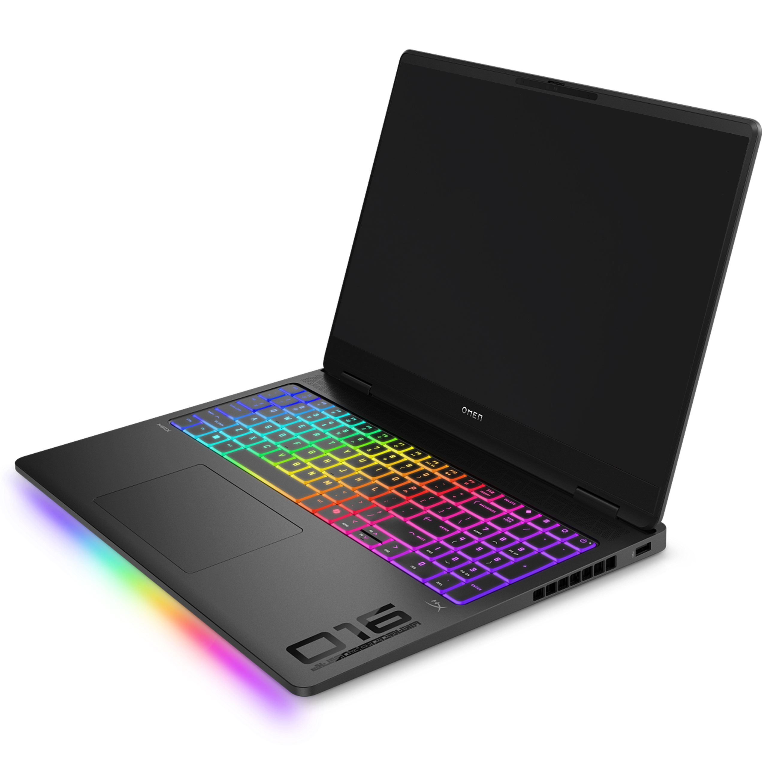 Ein schwarzer Gaming-Laptop mit RGB-Hintergrundbeleuchtung und bunter Unterbodenbeleuchtung auf weißem Grund.