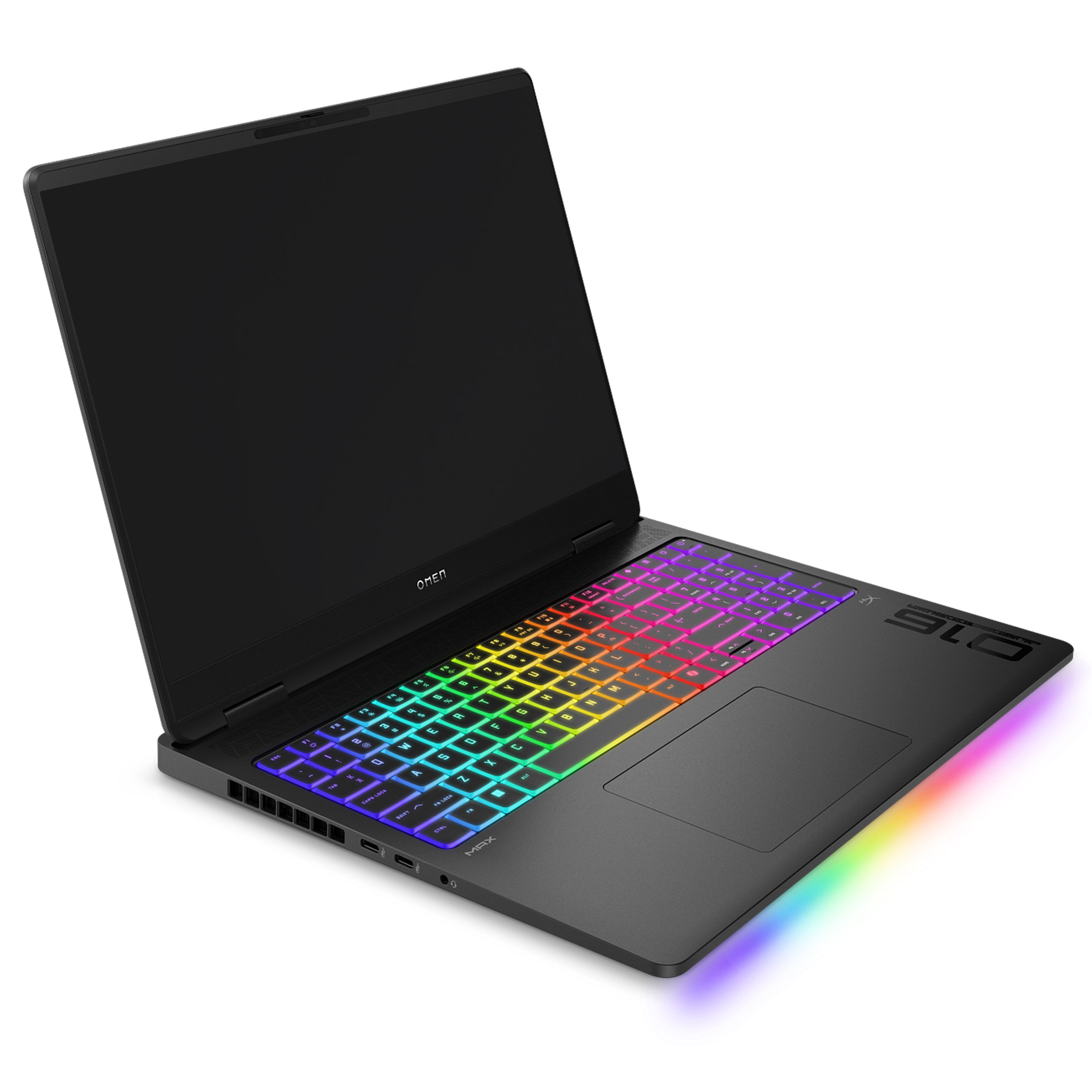 Ein schwarzer Gaming-Laptop mit eingeschalteter RGB-Hintergrundbeleuchtung der Tastatur steht auf weißem Grund.