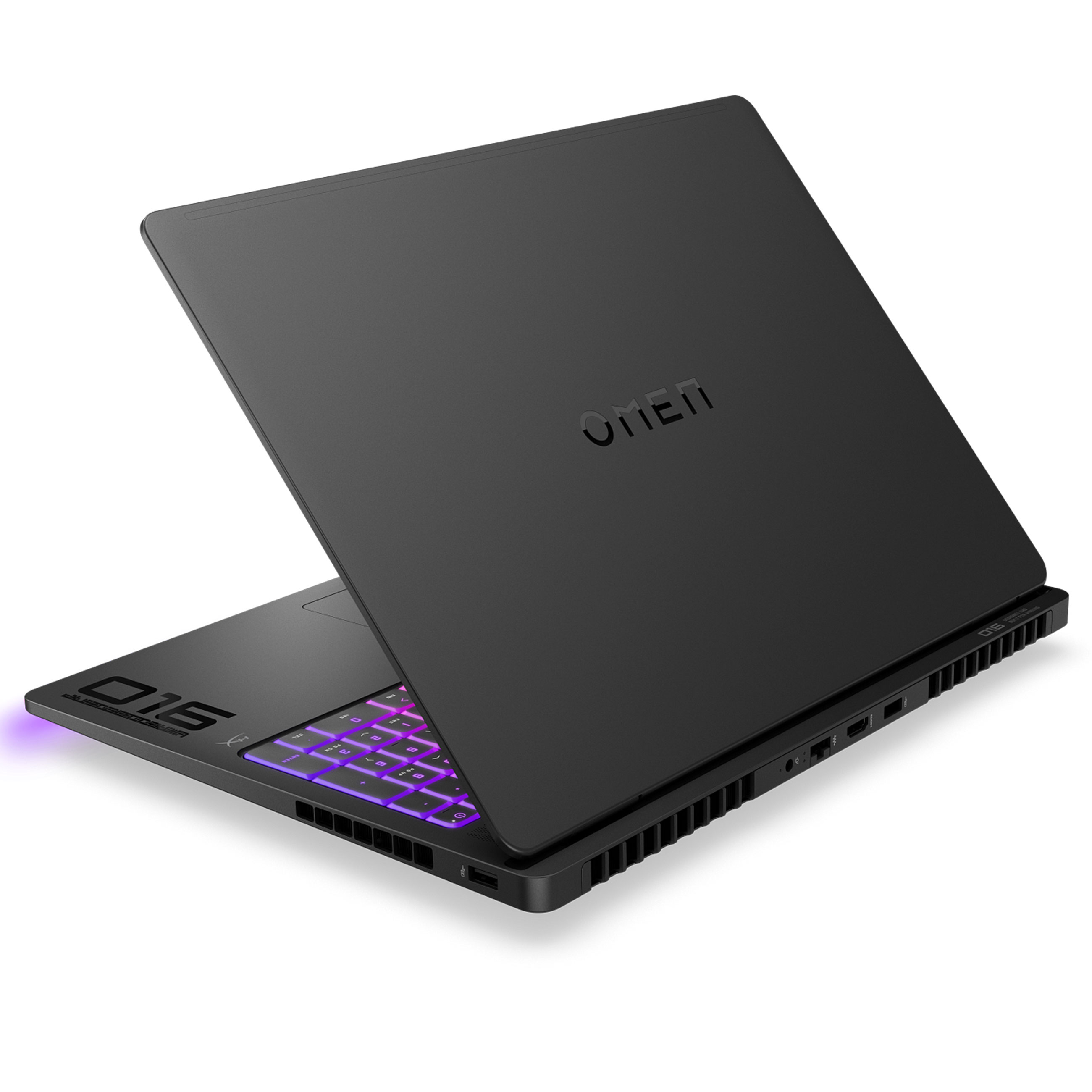 Ein schwarzer HP Omen 16 Laptop mit geschlossenem Deckel, Omen-Logo und violett beleuchteter Tastatur.