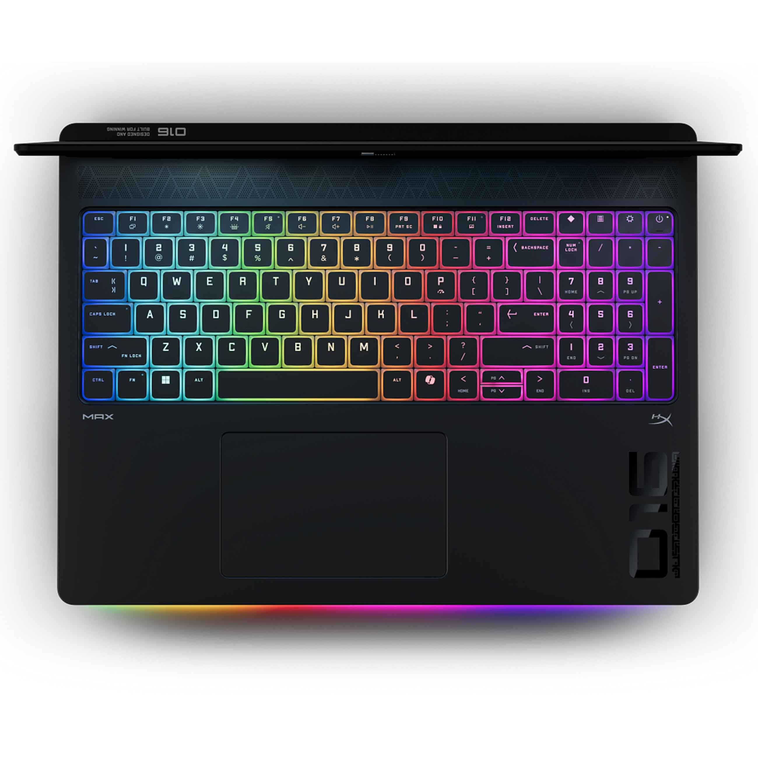 Top-down-Ansicht eines schwarzen Laptops mit lebendiger RGB-Hintergrundbeleuchtung der Tastatur und integriertem Touchpad.