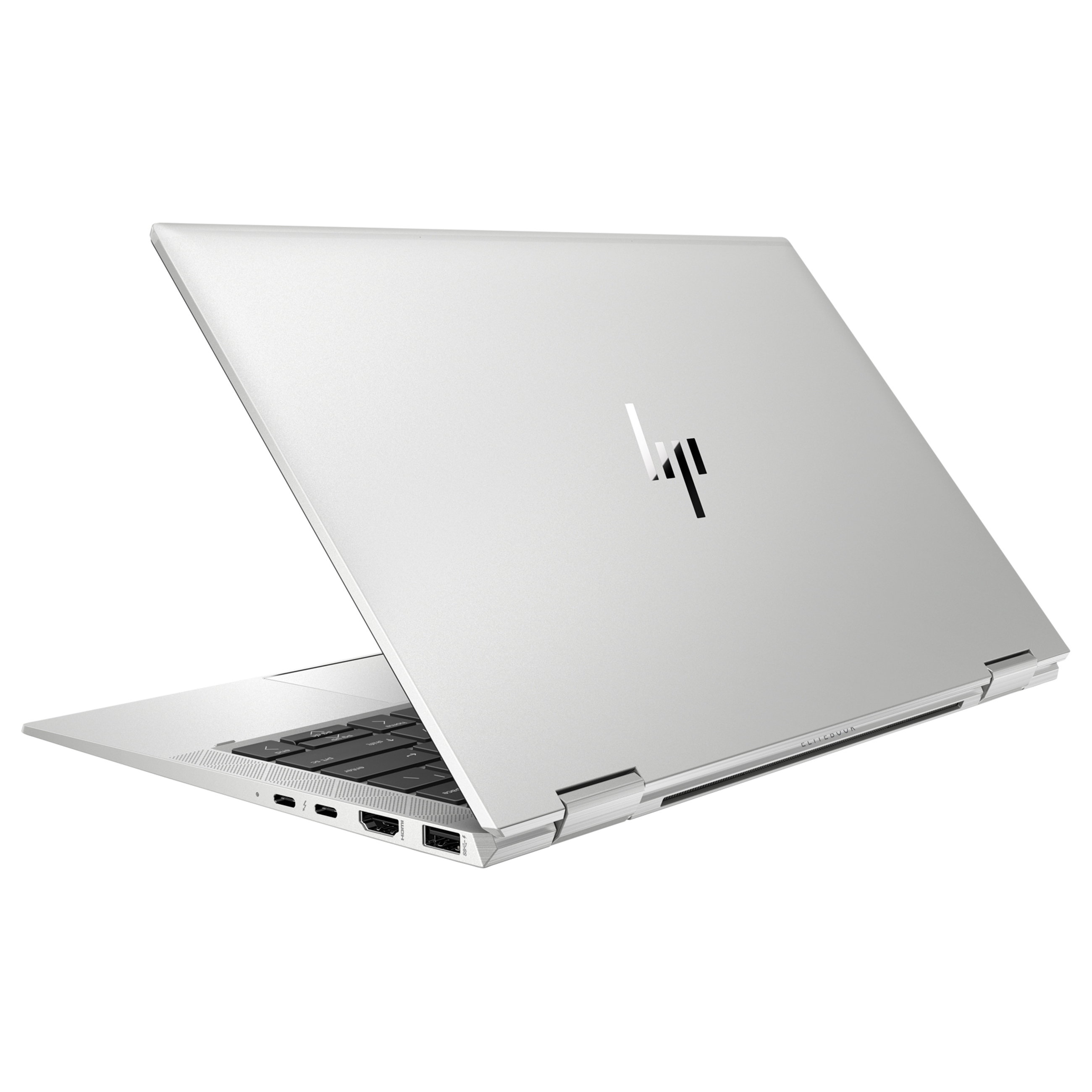 Ein silberner Laptop mit HP-Logo steht auf weißem Grund; seitliche Anschlüsse und die Tastatur sind sichtbar.
