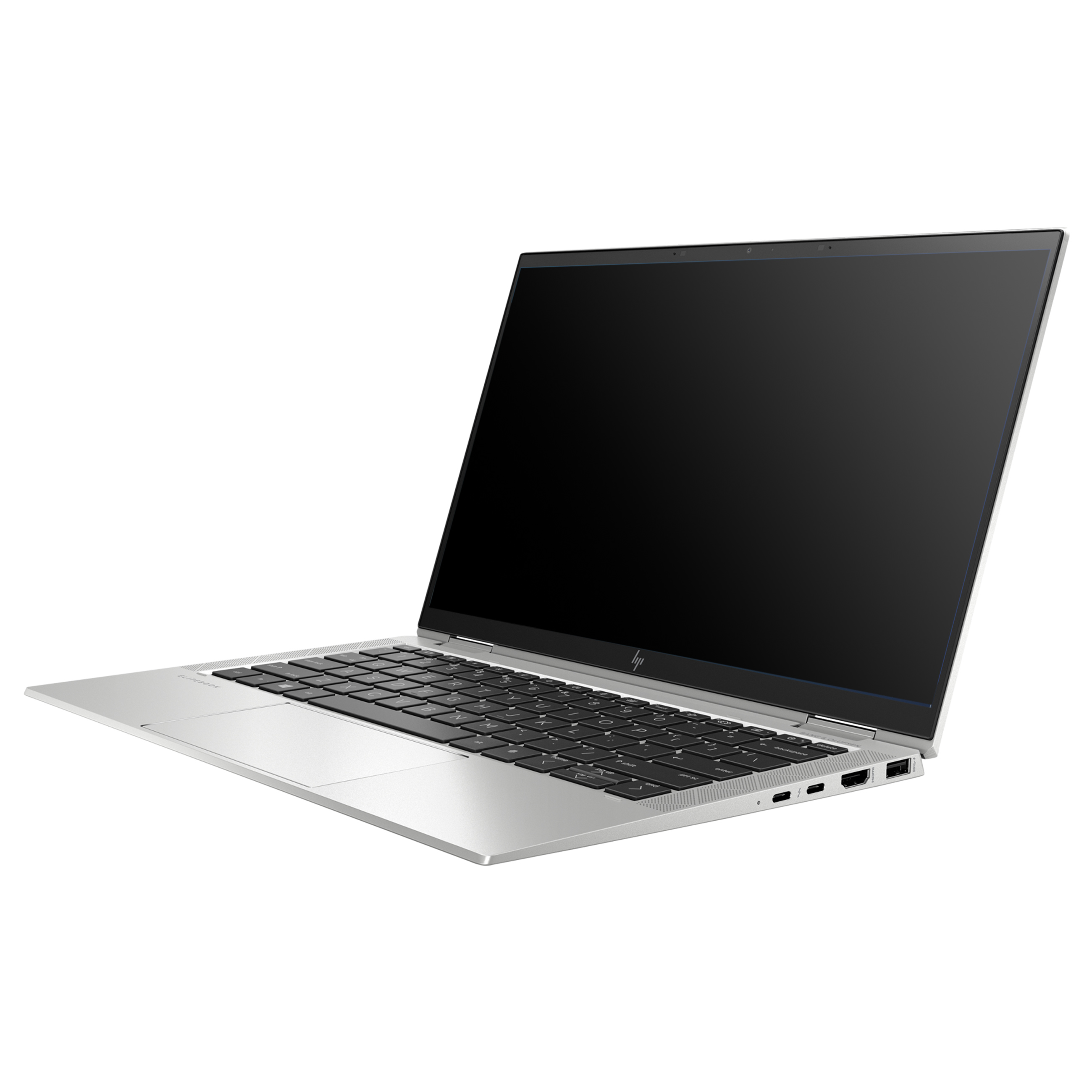 Ein silberner Laptop mit schwarzem Bildschirm und beleuchteter Tastatur steht schräg auf weißem Hintergrund.