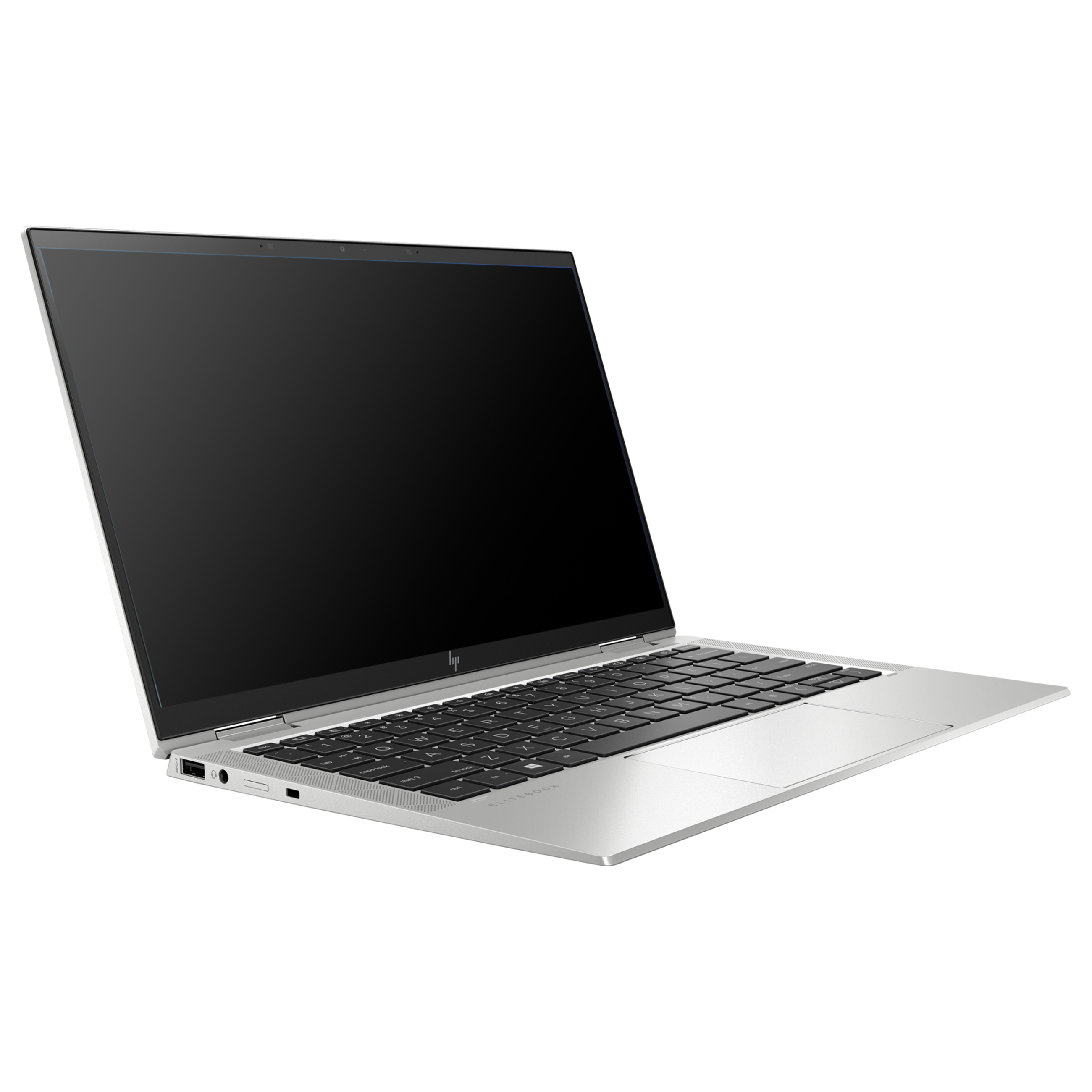 Ein silberner Laptop mit schwarzer Tastatur steht geöffnet auf weißem Hintergrund.