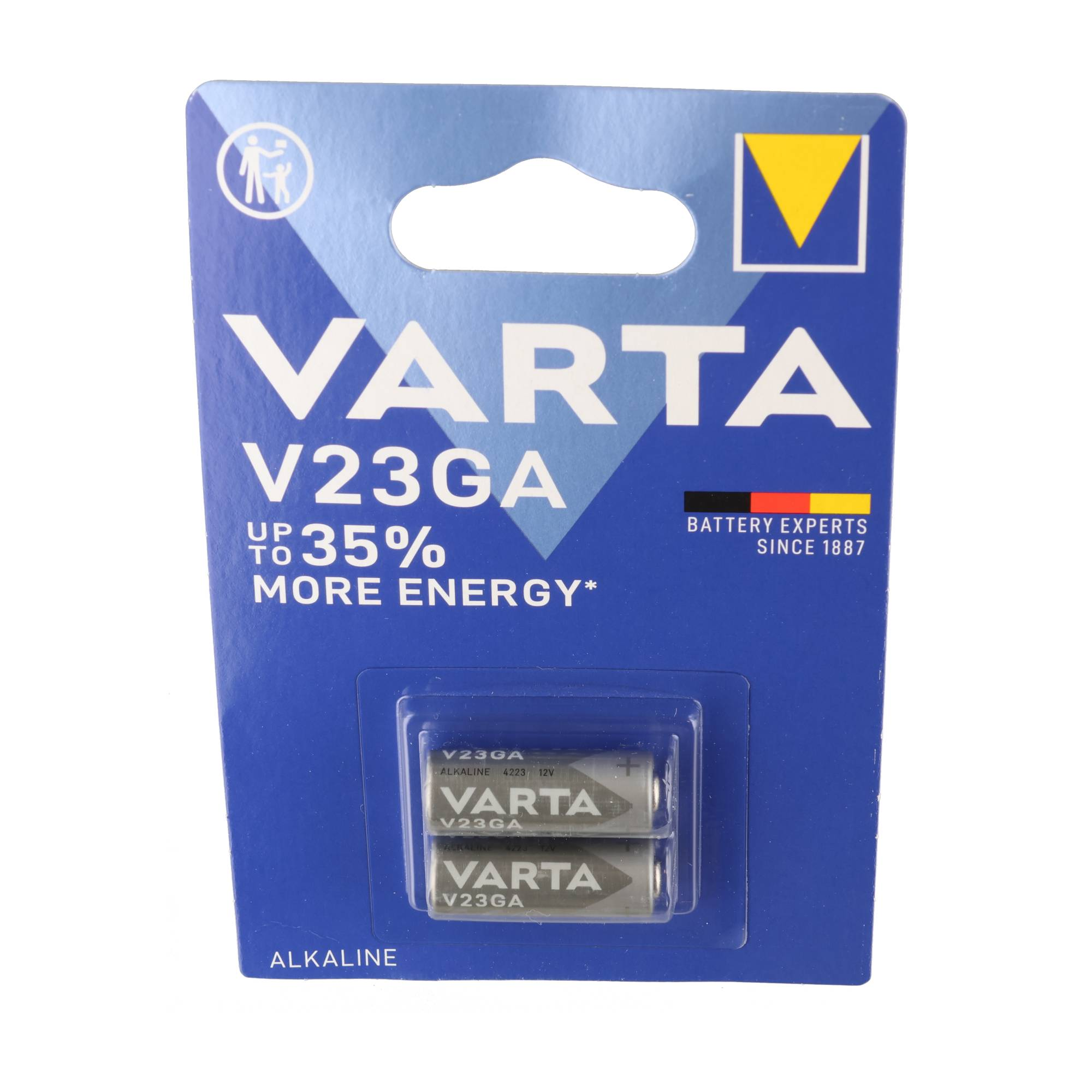Pilas alcalinas Varta V23GA en un blíster azul y blanco.