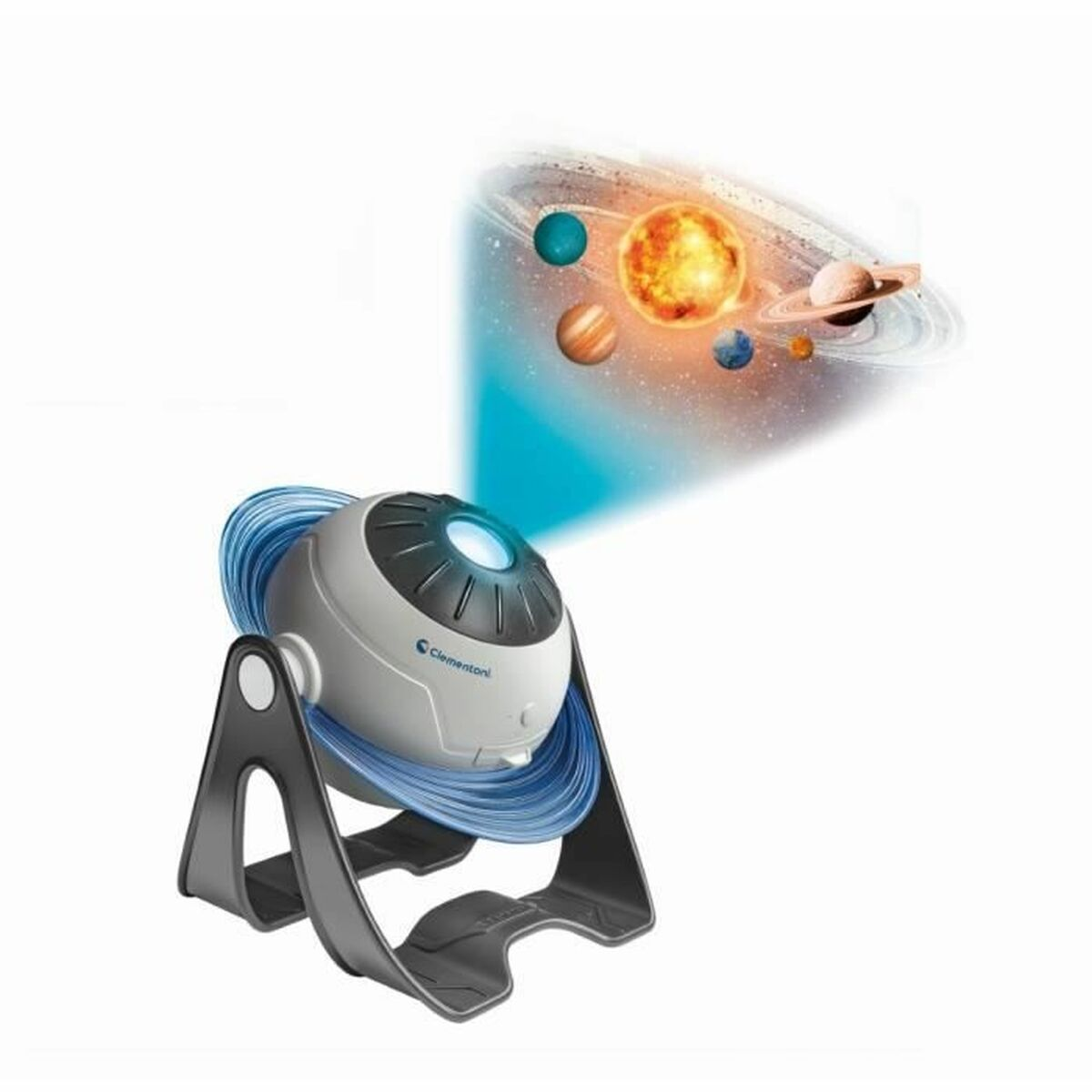 Ein kugelförmiger Planetariumsprojektor auf einem Ständer projiziert das Sonnensystem mit Sonne und Planeten.