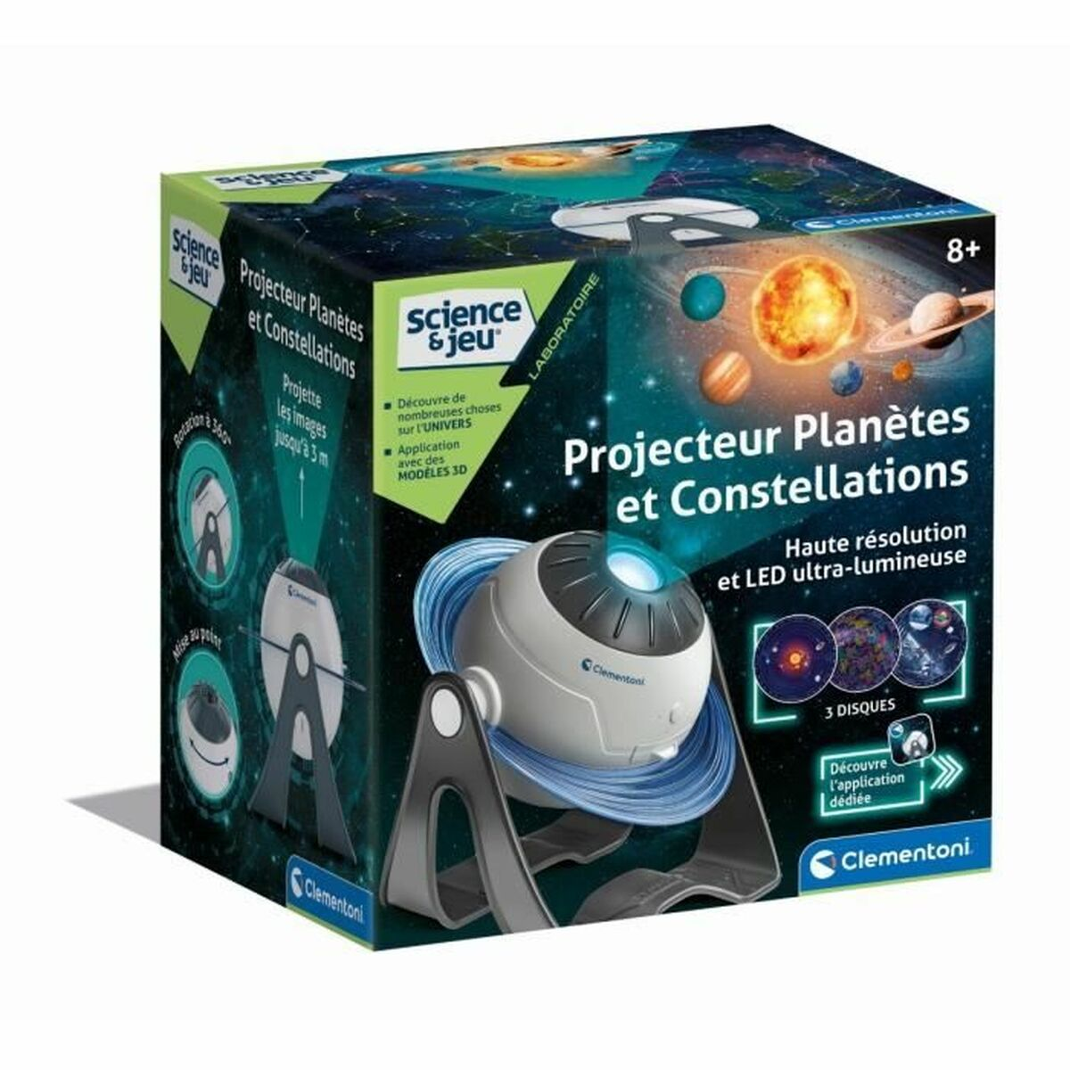 Eine Clementoni Wissenschaftskasten-Verpackung mit einem Planeten- und Sternbildprojektor und Weltraumbildern.
