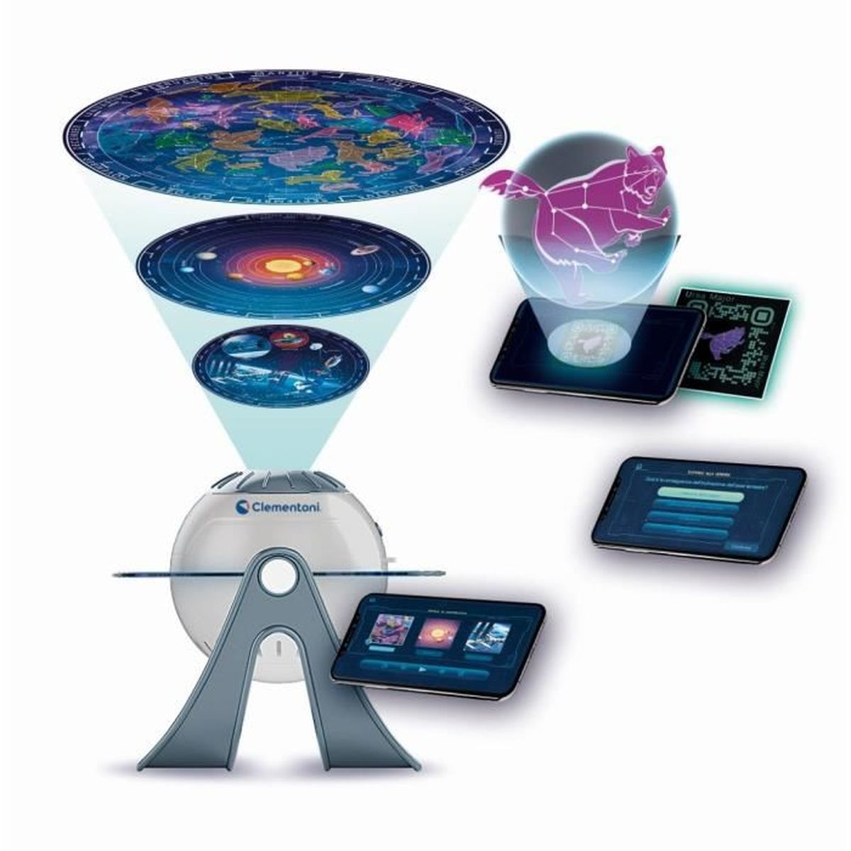 Ein Clementoni Planetariumsprojektor projiziert Himmelskarten, verbunden mit Tablets, die Sternbilder zeigen.