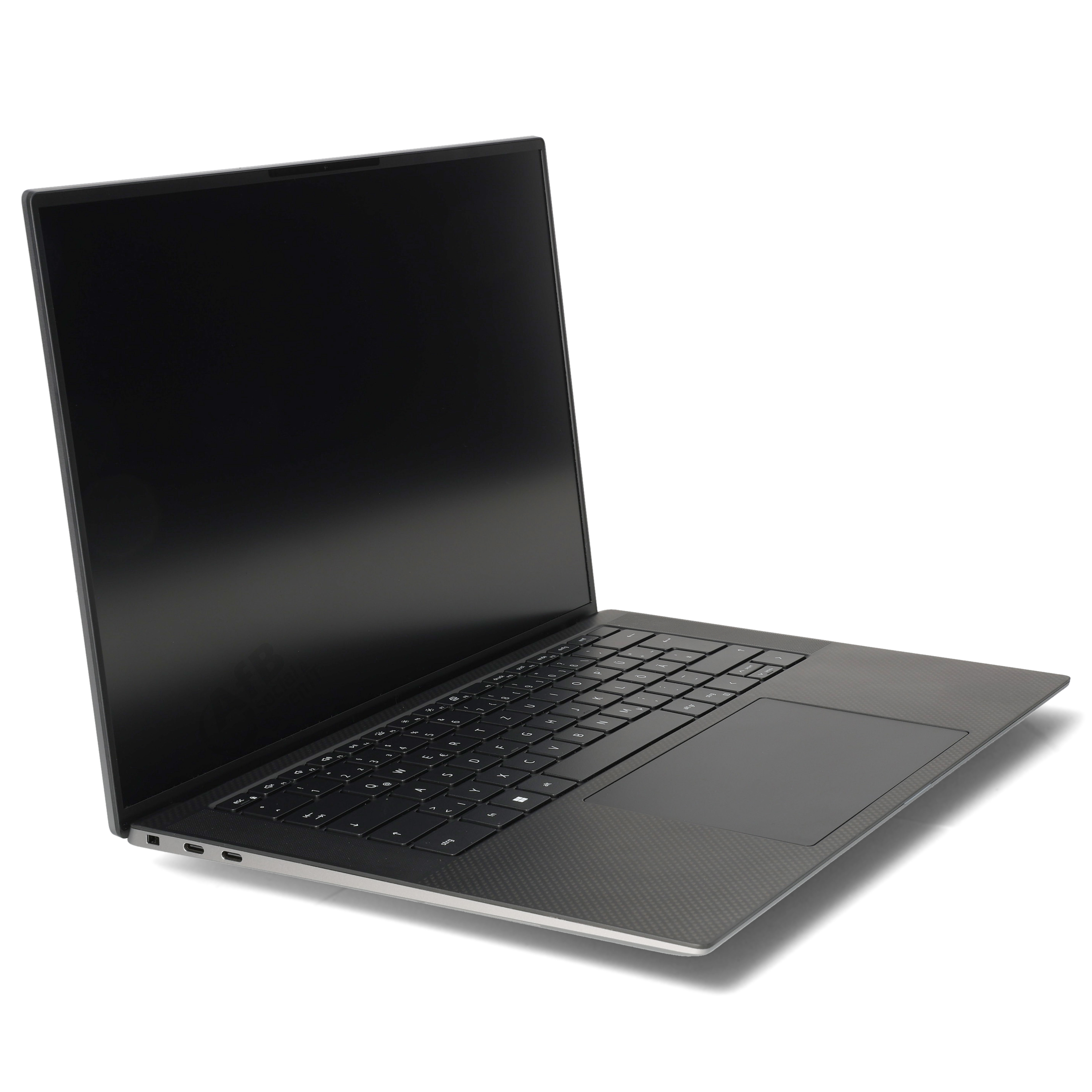 Ein moderner schwarzer Laptop steht auf weißem Hintergrund, mit Blick auf die Tastatur und den Bildschirm.