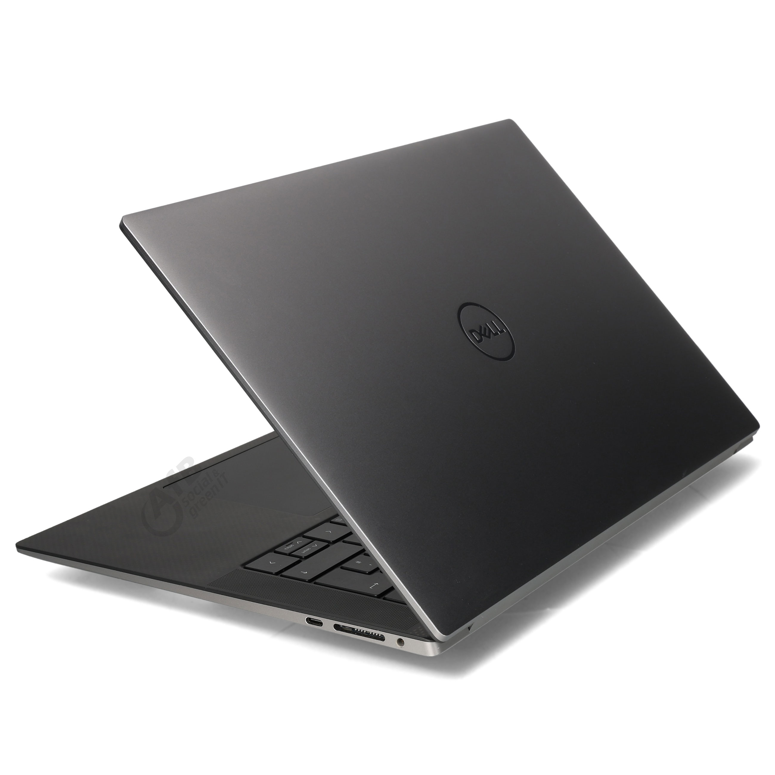 Ein grauer Dell-Laptop steht auf einer weißen Oberfläche und zeigt die Rückseite mit dem Dell-Logo sowie die Tastatur.